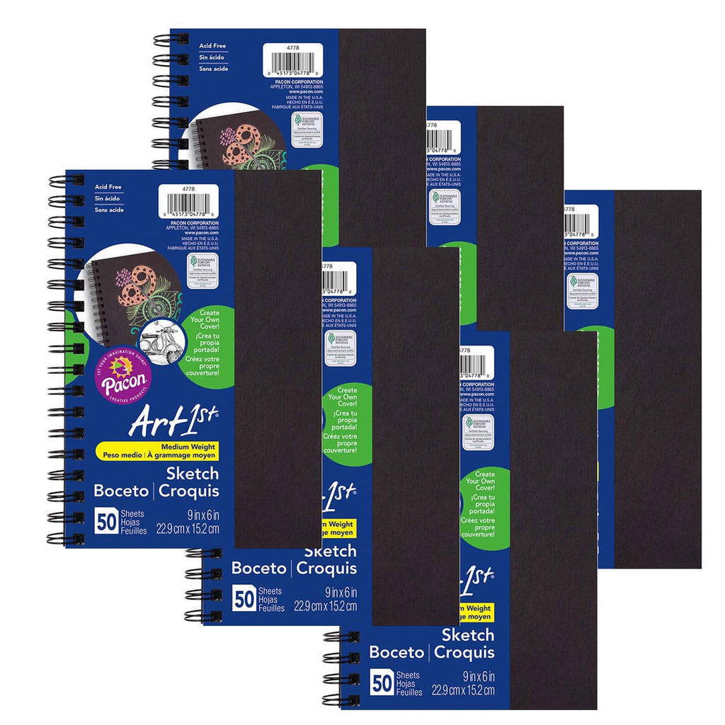 UCreate Create Your Own Cover Sketch Diary, Black Chip Cover, 9'' x 6'', 50 Sheets, Pack of 6