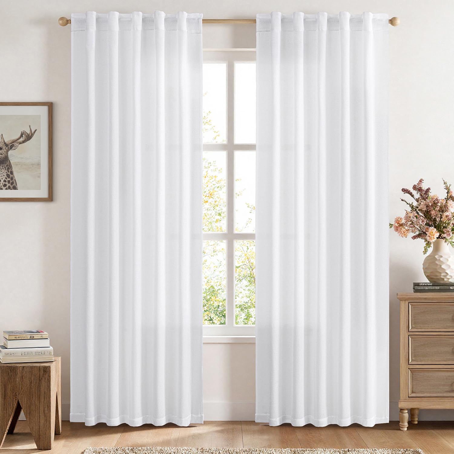 MIULEE Faux Linen Curtains 72 Inch Length 2 Panels Natural White Semi Sheer Curtain with Back Tab Rod Pocket, Light Filtering Wi