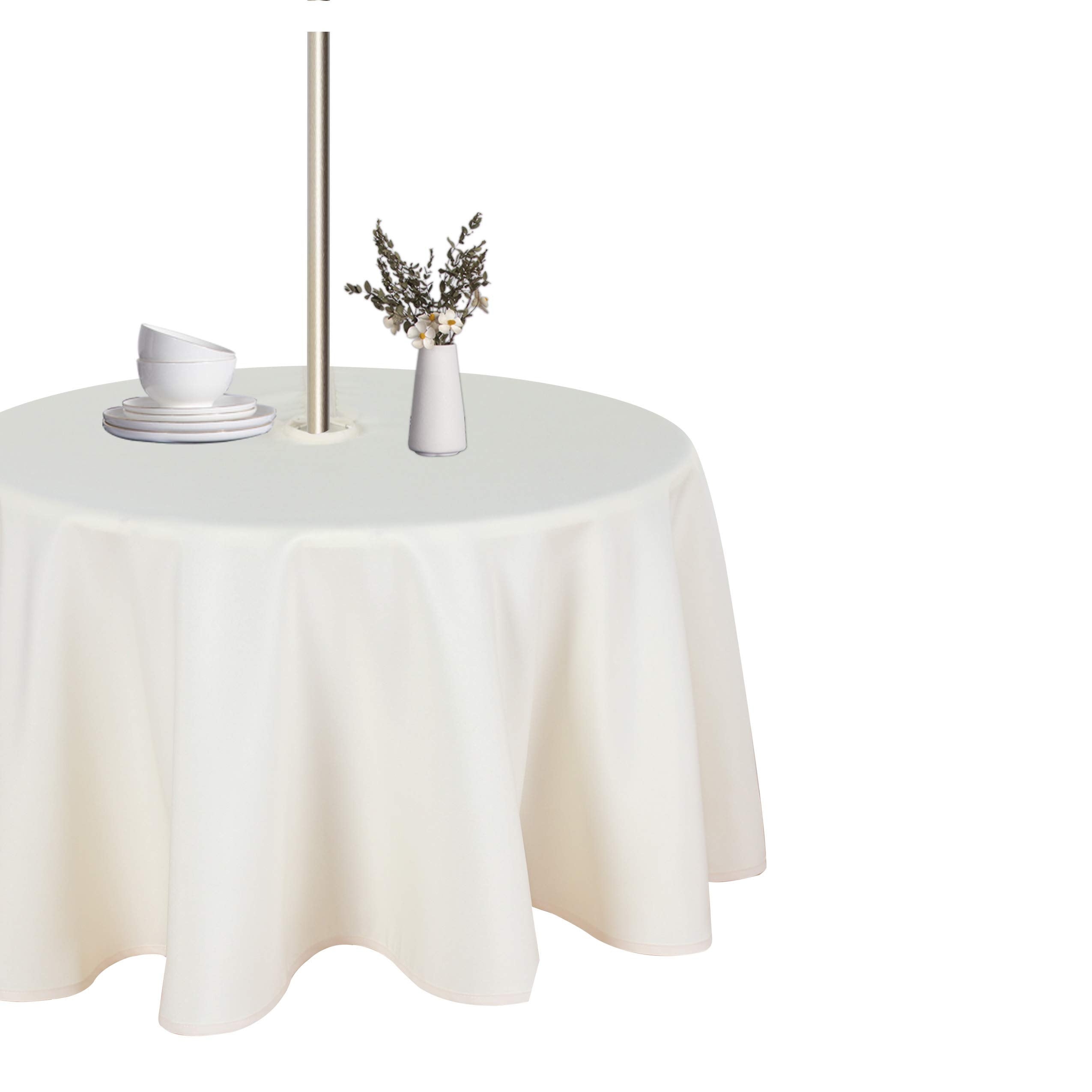 Lushvida Round Outdoor Tablecloth With Umbrella Hole And Zipper, 60 Inch Beige, Washable Waterproof Table Cloth Spill Proof Wrin