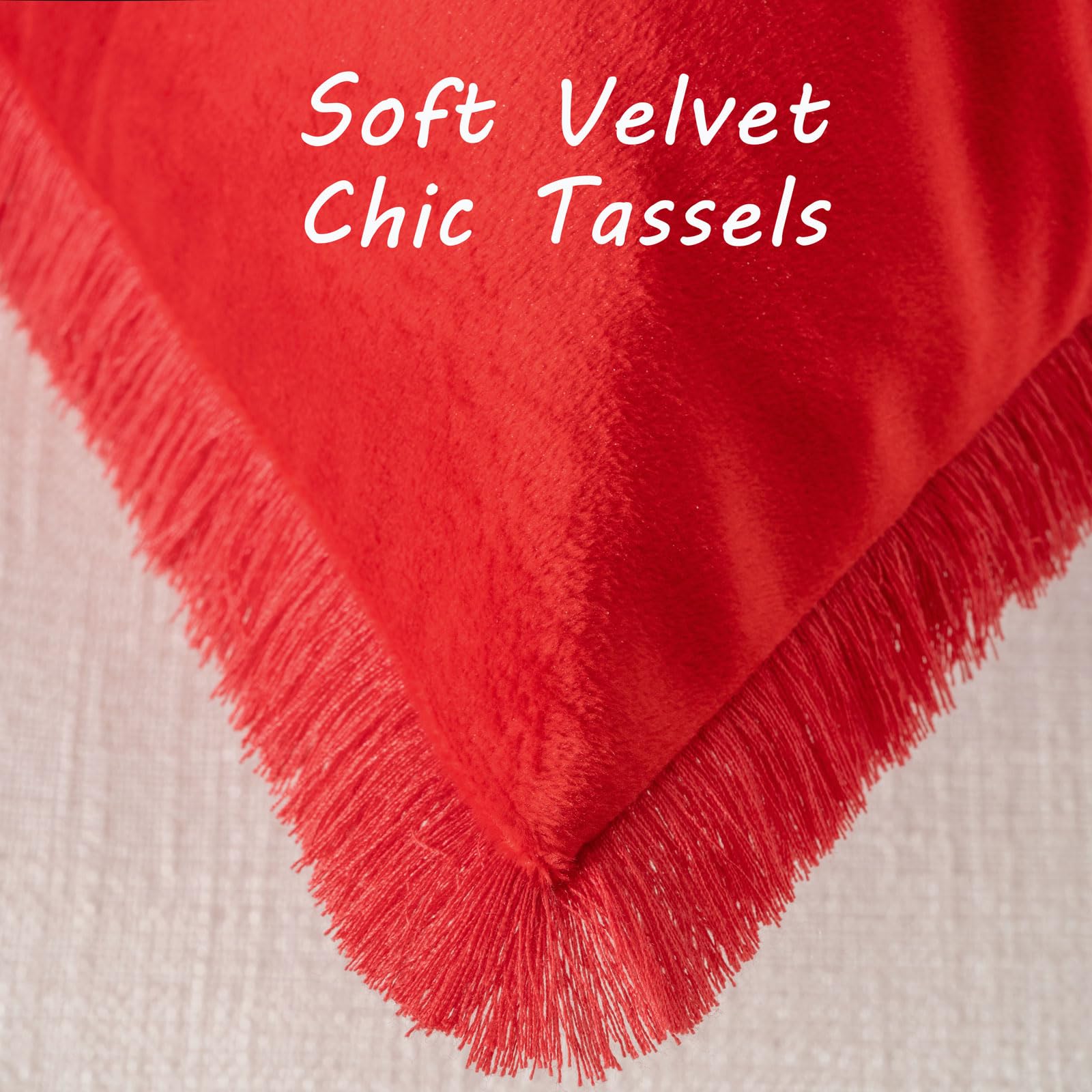 Futei Red Boho Throw Pillow Covers With Tassels 22X22 Inch Set Of 2,Soft Velvet Decorative Cushion Case,Home Decor For Couch Bed