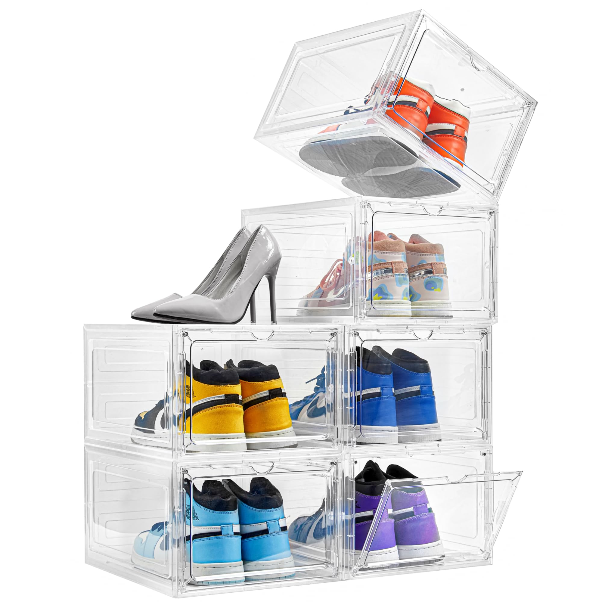 Attelite Drop Front Plastic Shoe Box with Clear Door,Set of 6,Stackable,For Display Sneakers,Easy Assembly,Fit up to US Size 12(
