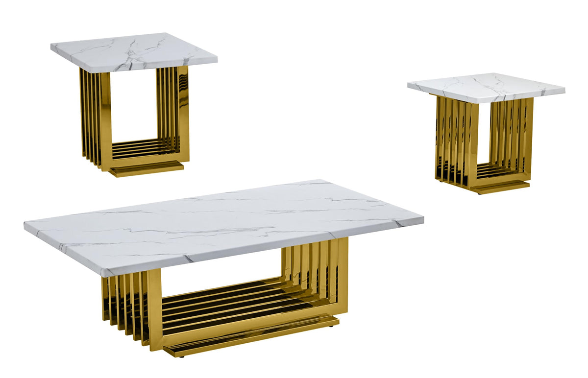 Best Quality Furniture Ct313 Coffee Set, 3-Piece With 2 End Tables, White/Gold