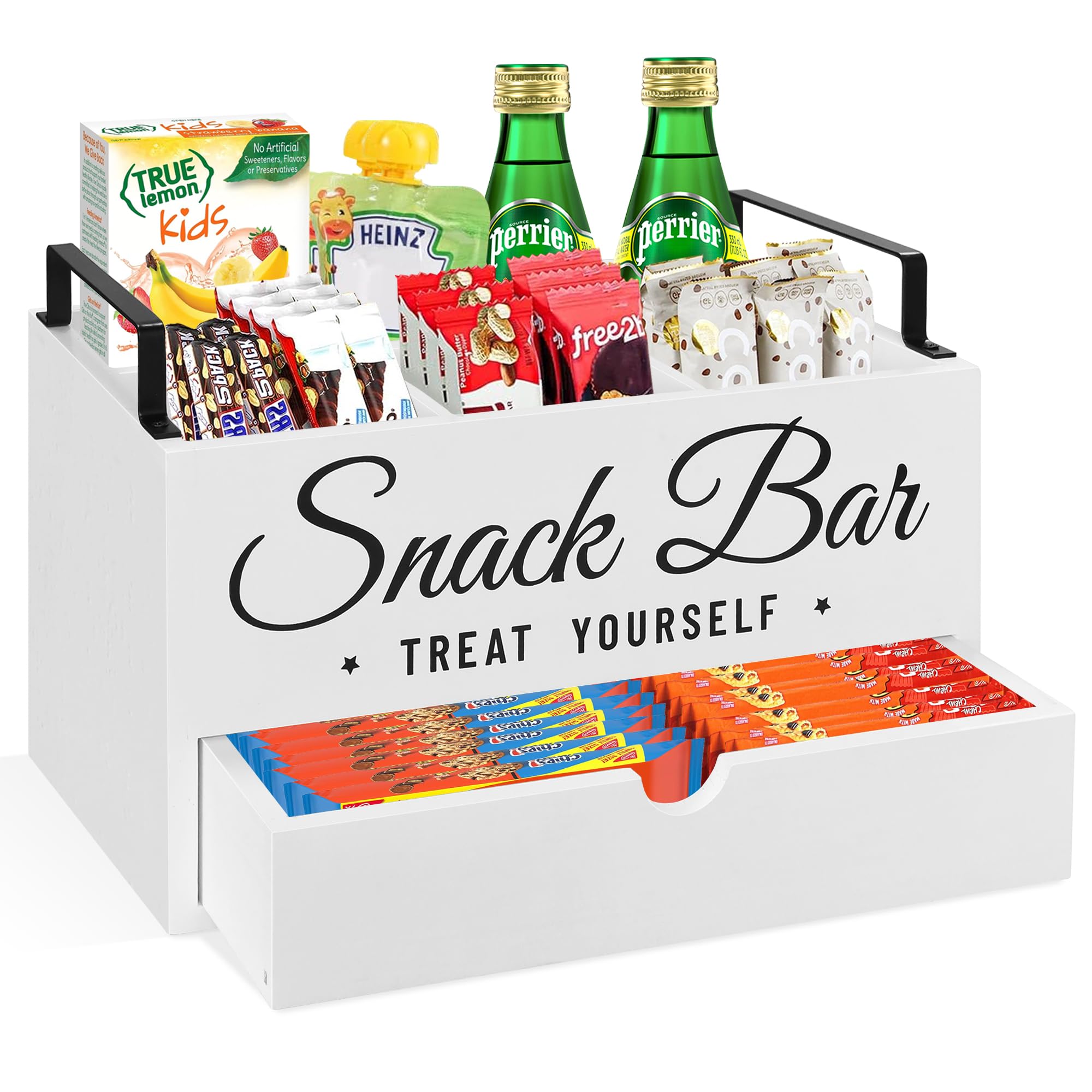 Snack Organizer for Countertop, Wood Pantry Storage Bins with Handles, Snack Organizer for Pantry, Kitchen, 4 Compartment Food C