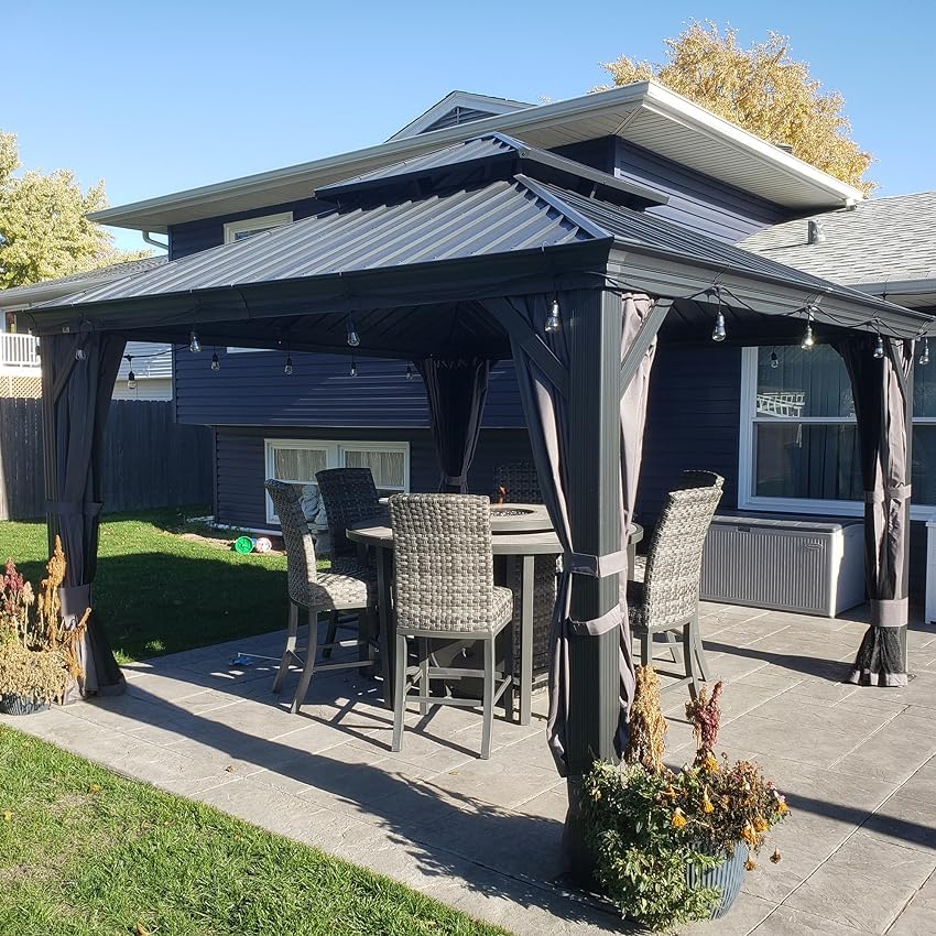 Domi 10'X12' Hardtop Gazebo Canopy,Outdoor Aluminum Gazebo With Galvanized Steel Double Roof,Permanent Gazebo With Drainage Syst