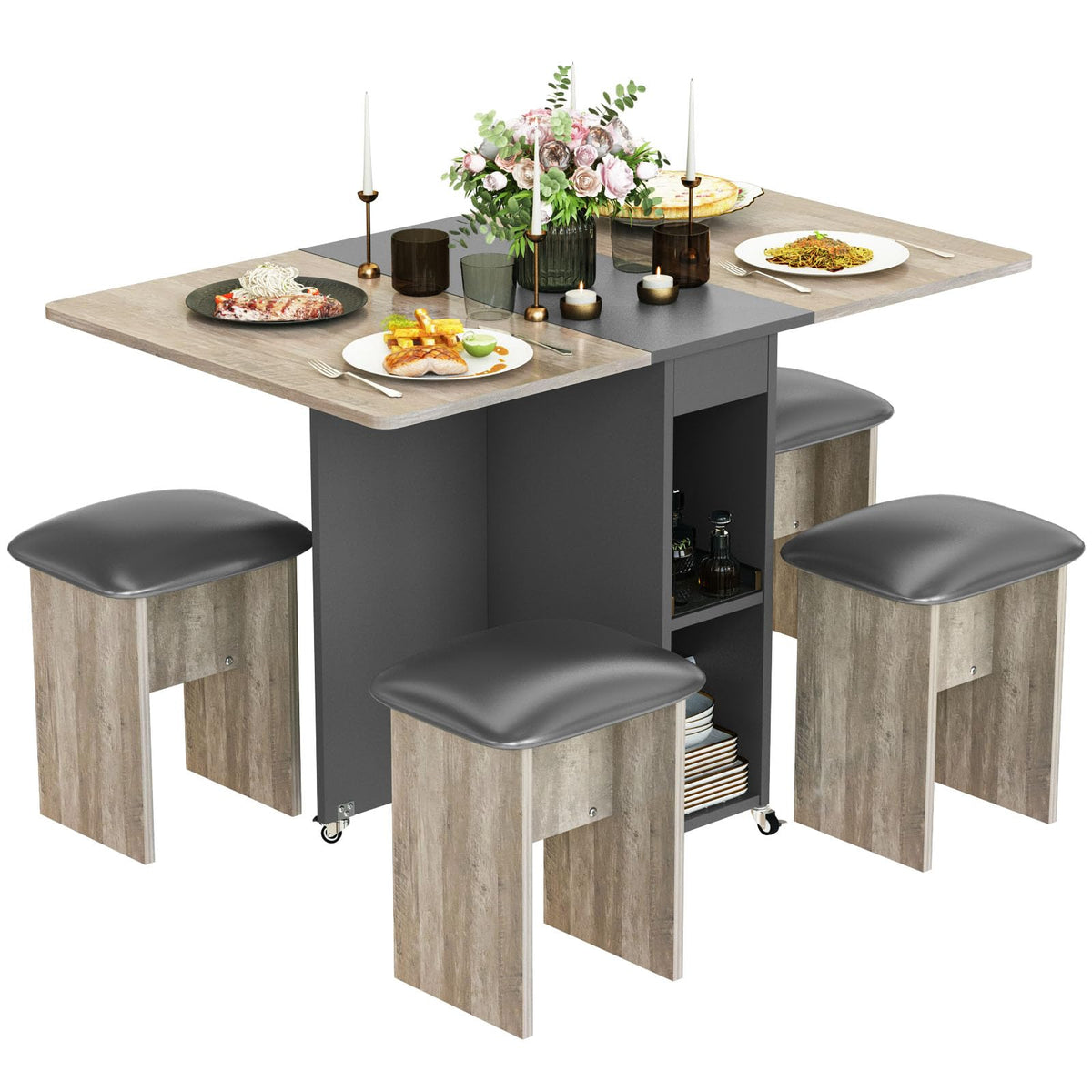 Lamerge Folding Dining Table Set For 4, Dinner Table With 4 Leather Chairs And Shelves, Space Saving Foldable Dining Table With