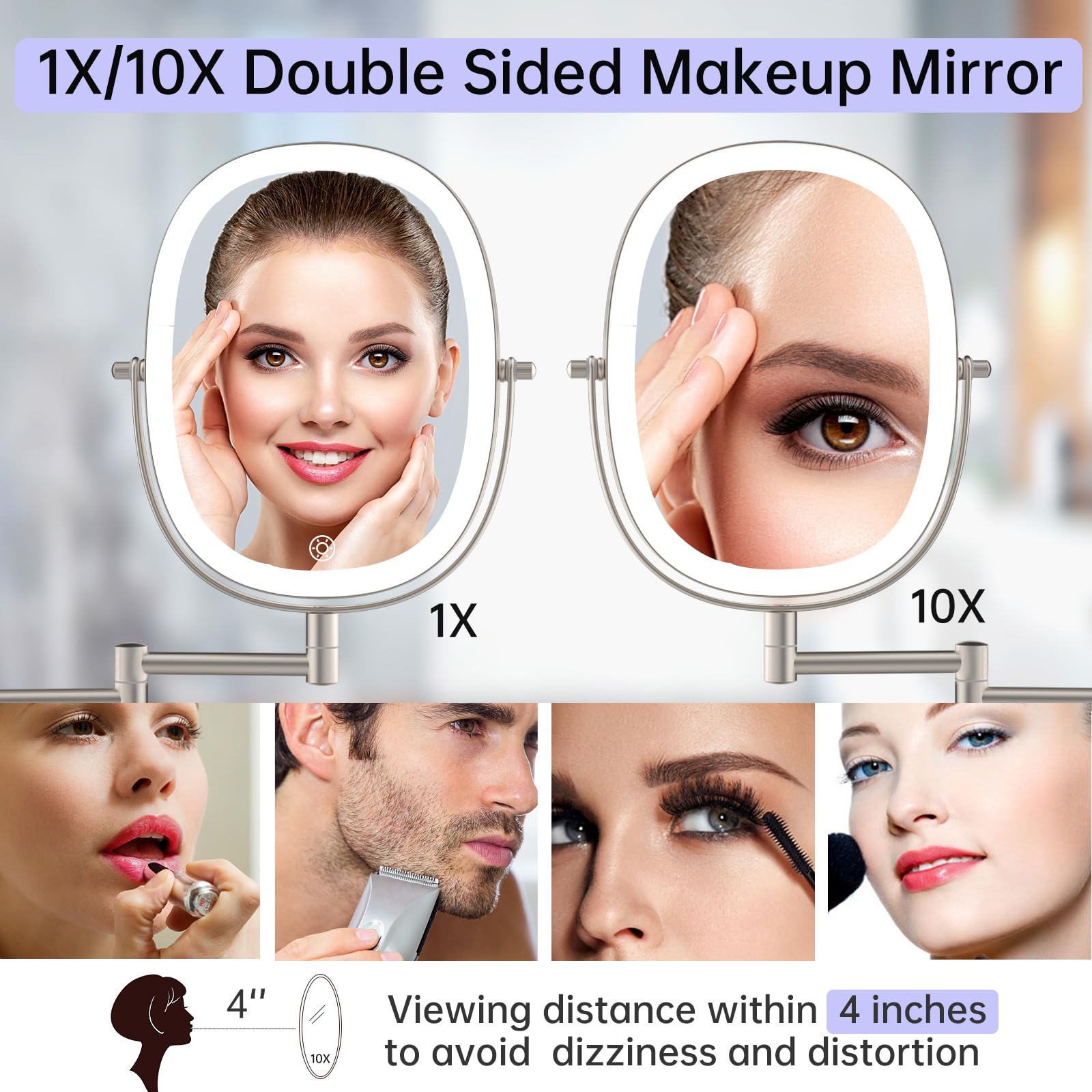 Funtouch Wall Mounted Lighted Makeup Vanity Mirror, Double Sided 1X 10X Magnifying Bathroom Mirror, 3 Color Lighting Option Dimm