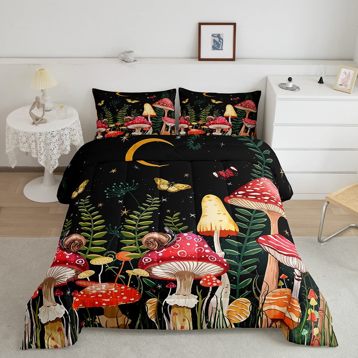 Feelyou Kids Mushroom Bedding Set Natural Wild Fungus Comforter Set for Kids Boys Girls Botanical Plants Duvet Set Butterfly Com