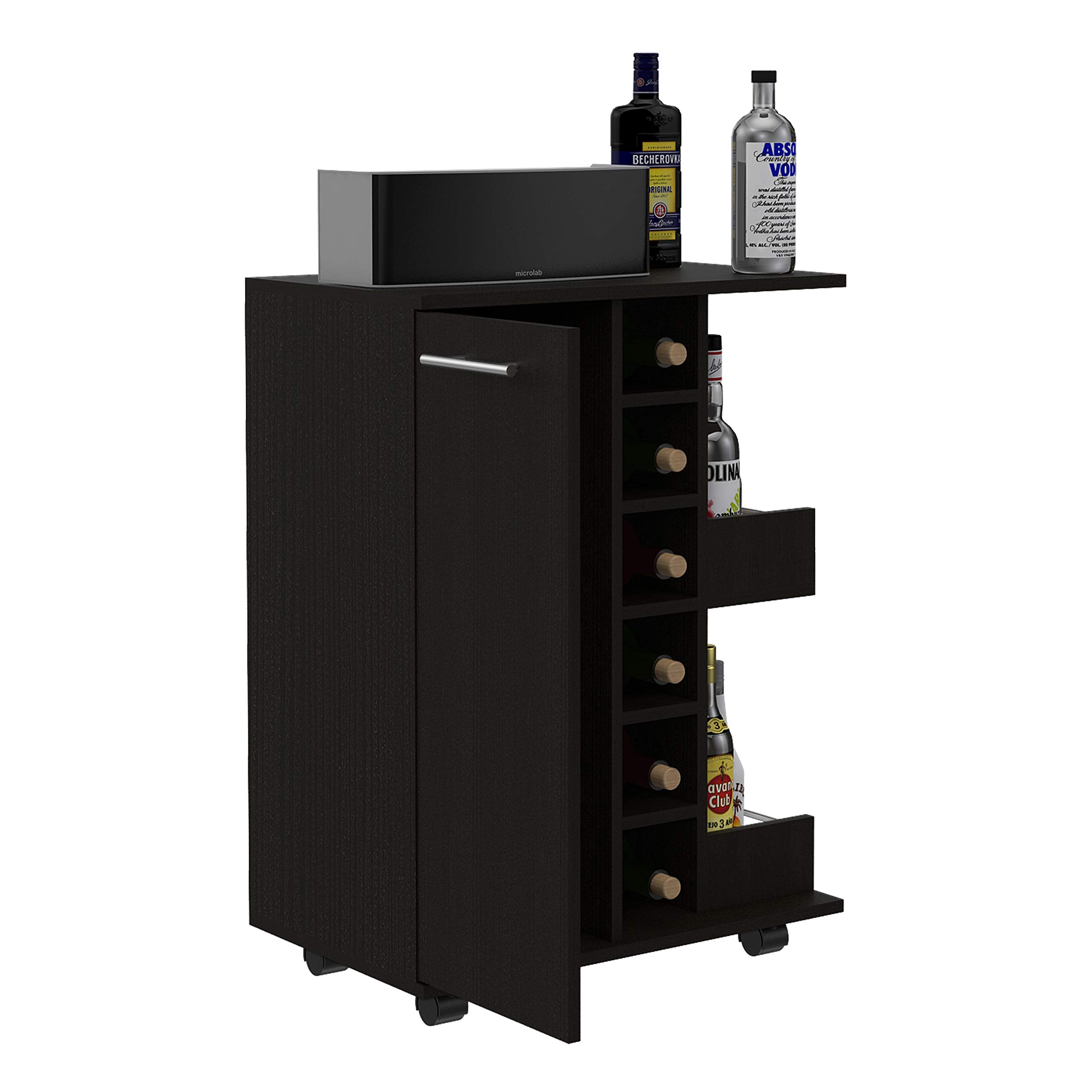 Depot E-Shop Magda Bar Cart with Four Casters, Six Built-in Wine Rack, Single Door Cabinet, and Two External Shelves, Black, Living Room