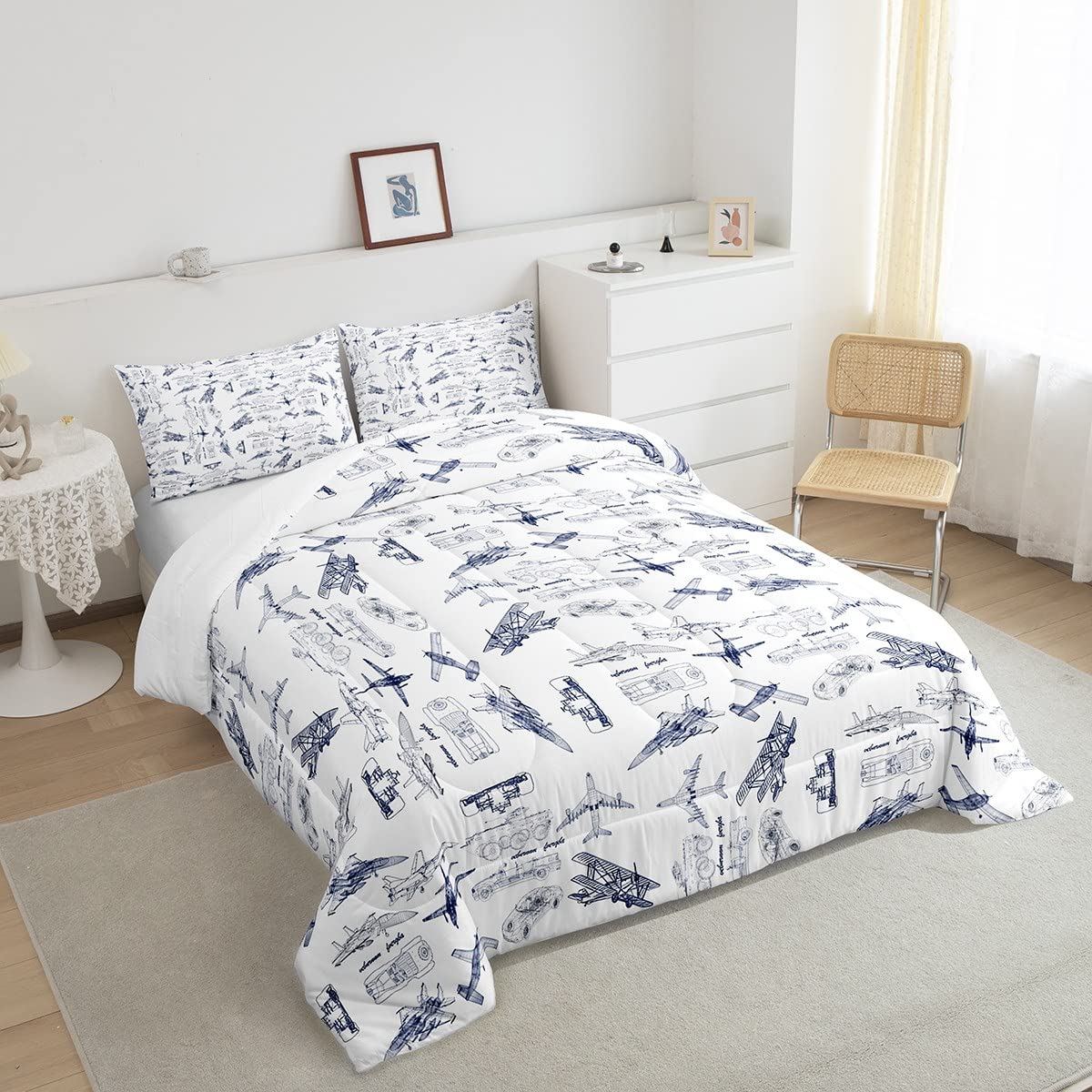 Feelyou Aircraft Bedding Set Kids Airplane Print Comforter Set Boys Girls Decor Aircraft Flying Comforter Cover Set Microfiber S