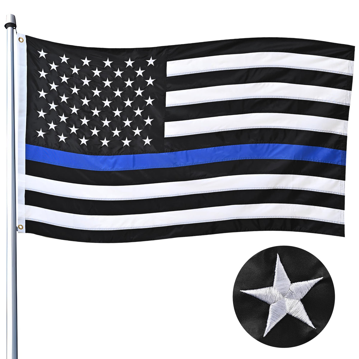 Thin Blue Line American Flag 3X5 Ft Outdoor,Deluxe Embroidered Police Flag, Heavy Duty Nylon And Sewn Stripes, Back The Blue Fla