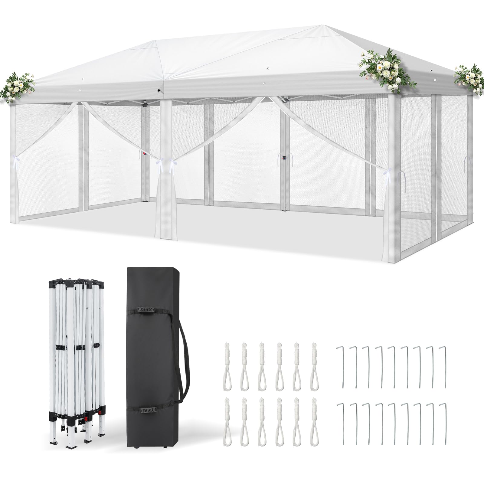VINGLI 10x20 Pop Up Canopy with Sidewalls Carry Bag Easy Up Canopy Tent with Nettings, Screened in Gazebo for Camping Screen Gaz