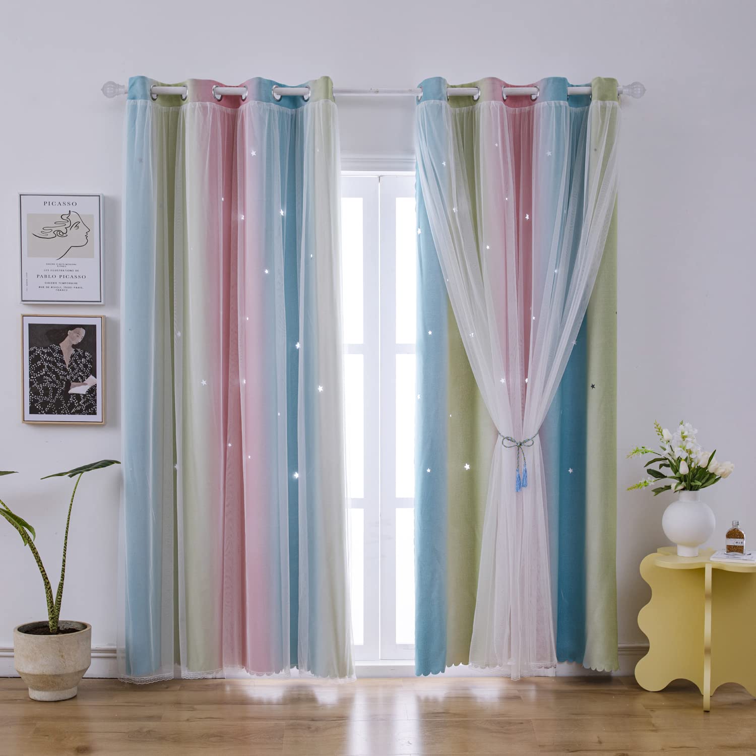 Rainbow Ombre Star Cutouts Blackout Curtains For Girl Kid Nursery Bedroom And Living Room Decor Darken Double Layer Window Cute