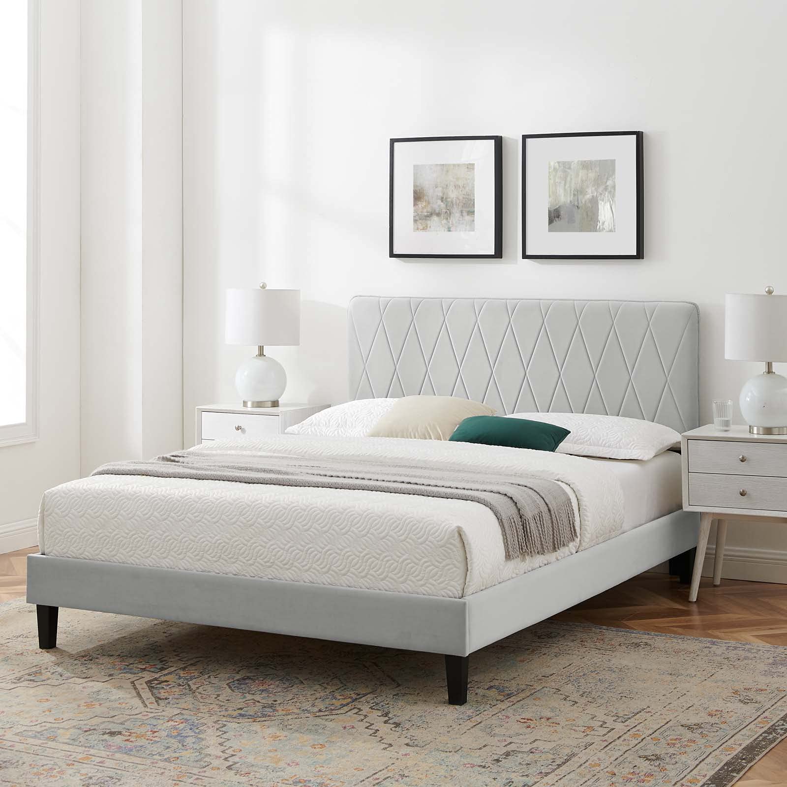 Modway Phillipa Performance Velvet King Platform Bed In Ligth Gray With Black Wood Legs