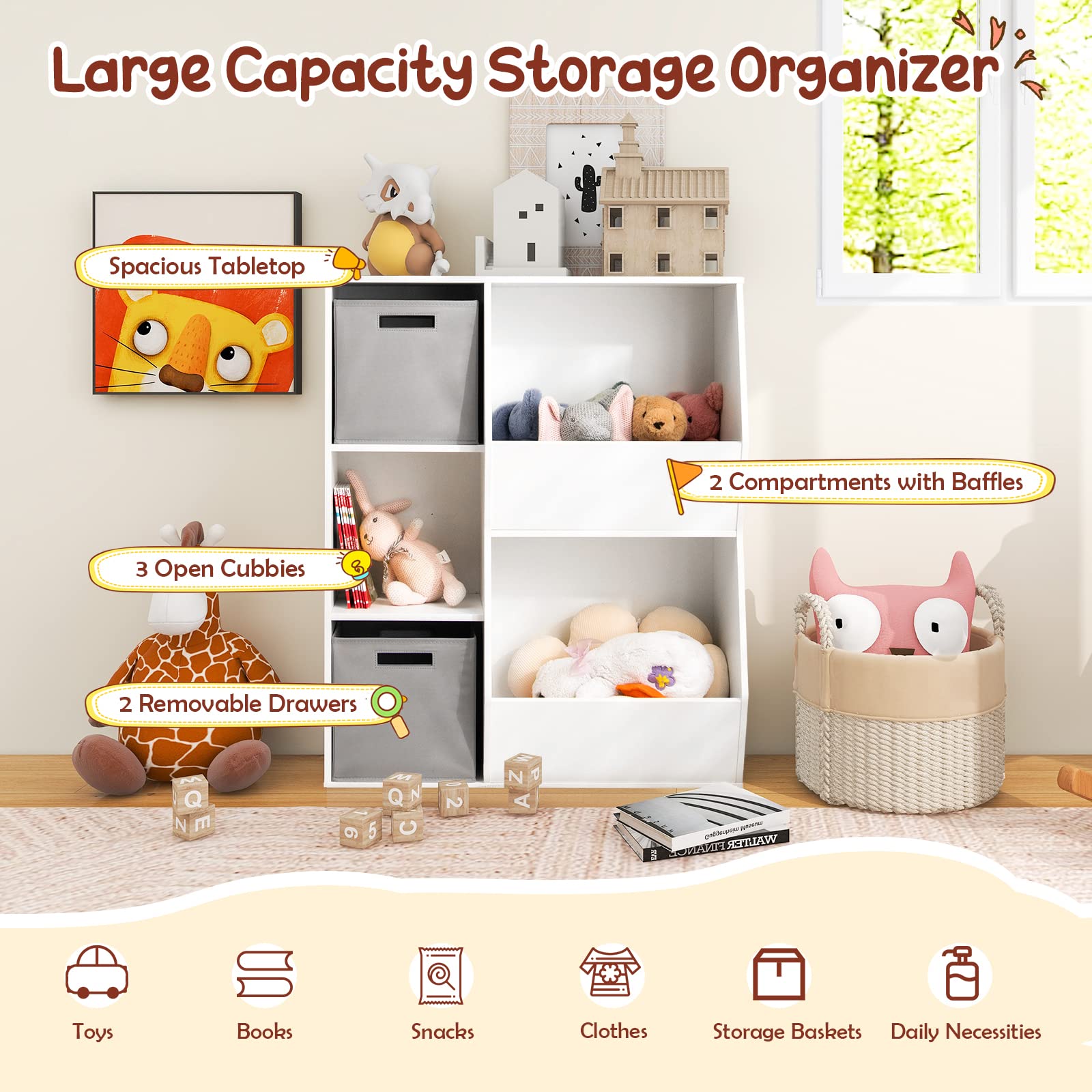 Honey Joy 5 Cubbies Kids Toy Storage Organizer, Children Bookcase And Bookshelf W/2 Storage Boxes, Wooden Multi-Bins Toy Storage Display Cabinet For Playroom, Nursery, Daycare, Kindergarten