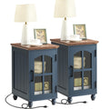 Narrow Side Table Set of 2,Farmhouse Nightstand with Charging Station,End Table with Glass Barn Door Storage, Cabinet Organizer 