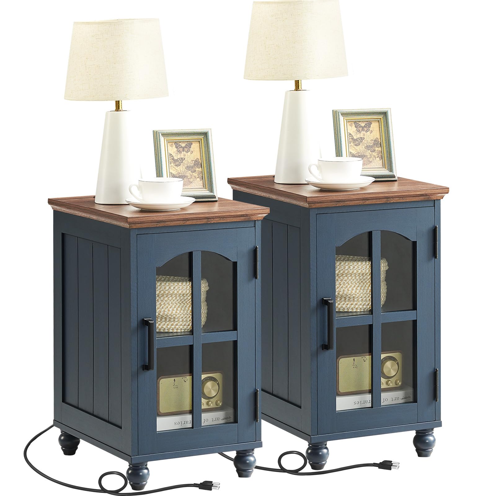 Narrow Side Table Set of 2,Farmhouse Nightstand with Charging Station,End Table with Glass Barn Door Storage, Cabinet Organizer 