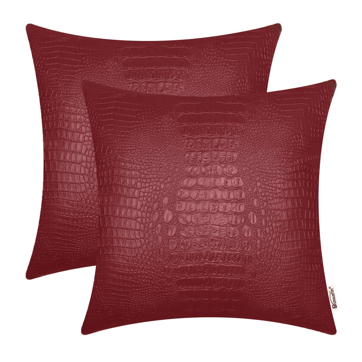 BRAWARM Faux Leather Pillow Covers 20 X 20 Inches, Deep Red Leather Pillow Covers Pack of 2, Crocodile Leather Decorative Throw 