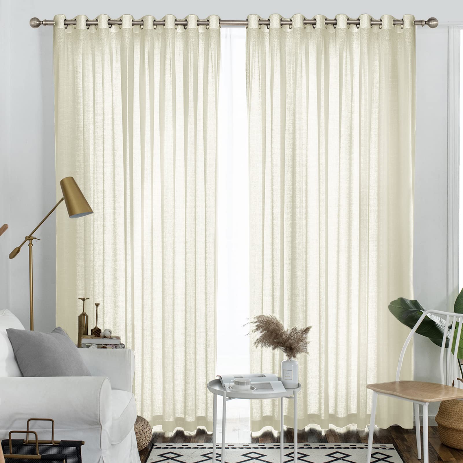 Melodieux Semi Sheer Curtains 108 Inches Long For Living Room, Bedroom Extra Long Linen Look Rustic Grommet Cream Yellow Patio D