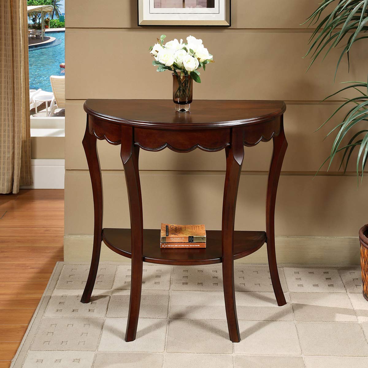 All Things Cedar Classic Accents HR014 Half Moon Console Table | Cherry Wood Console Table | Birch Veneer, Solid Wood Legs, Lower Shelf | Elegant Wooden Entry Table | 32x16.5x30