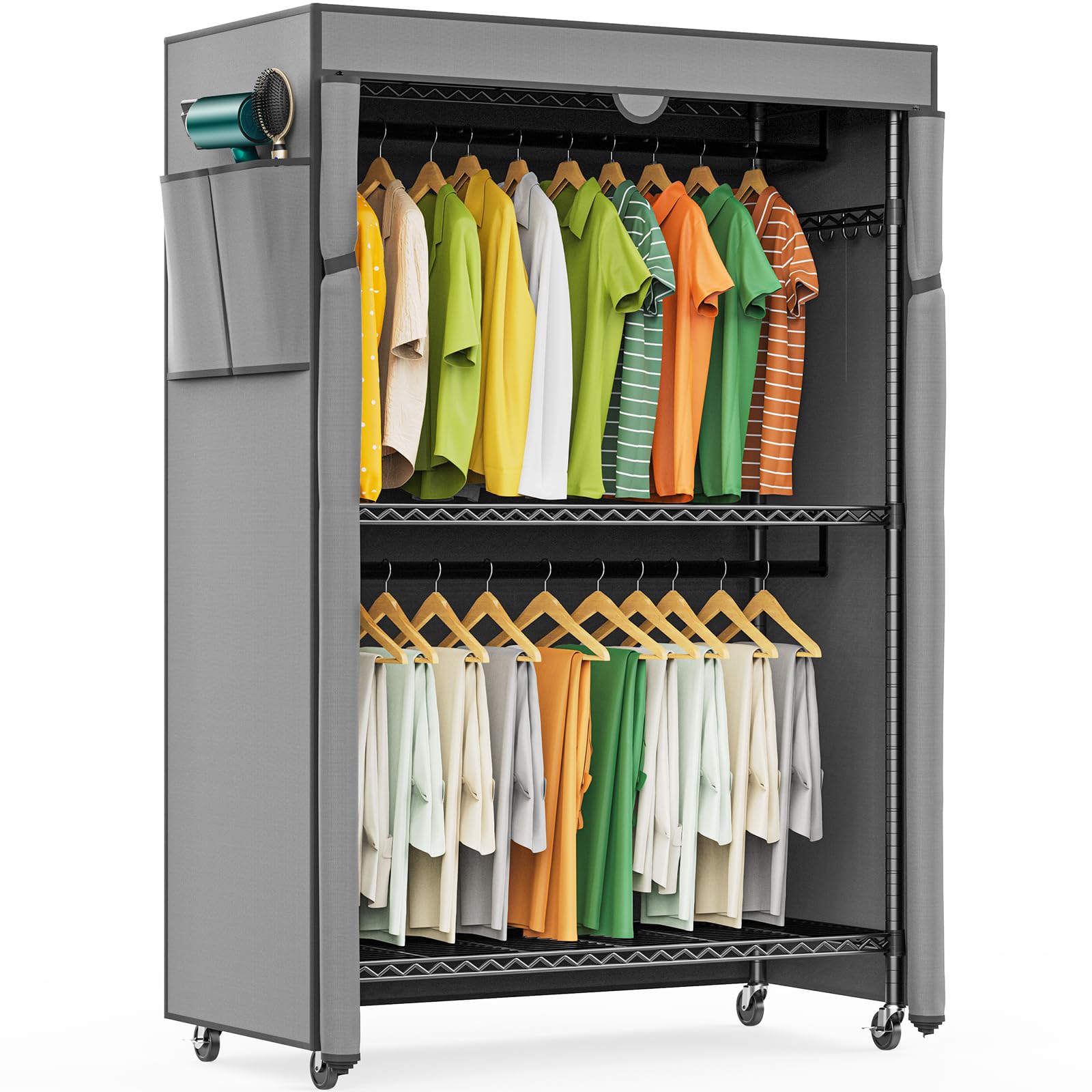 LEHOM G1C Heavy Duty Clothes Rack with Cover, Rolling Garment Rack for Hanging Clothes, Portable Closets with Oxford Fabric Cove