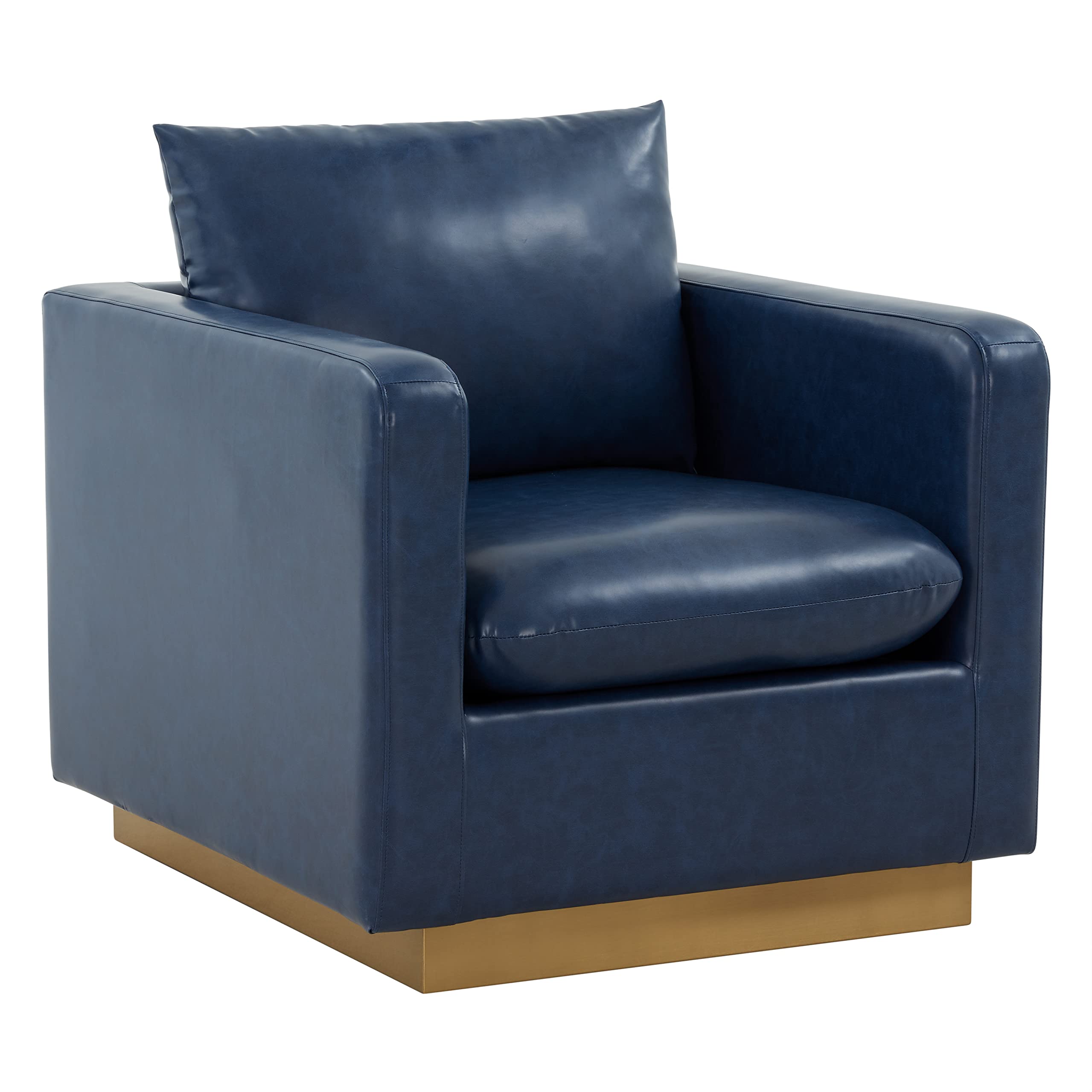 LeisureMod Nevro Nervo Modern Upholstered Leather 32 Accent Chair with Gold Base & Removable Cushions, Navy Blue