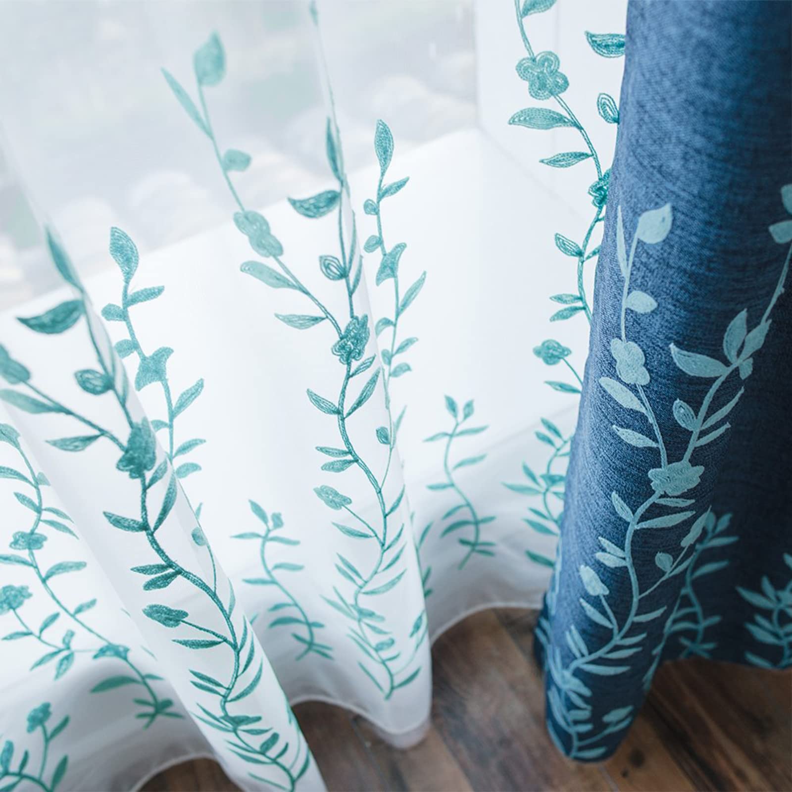 Melodieux Flower Embroidery Sheer Curtain for Living Room, Bedroom Farmhouse Style Rod Pocket Voile Drape, White/Blue, 52 by 84 