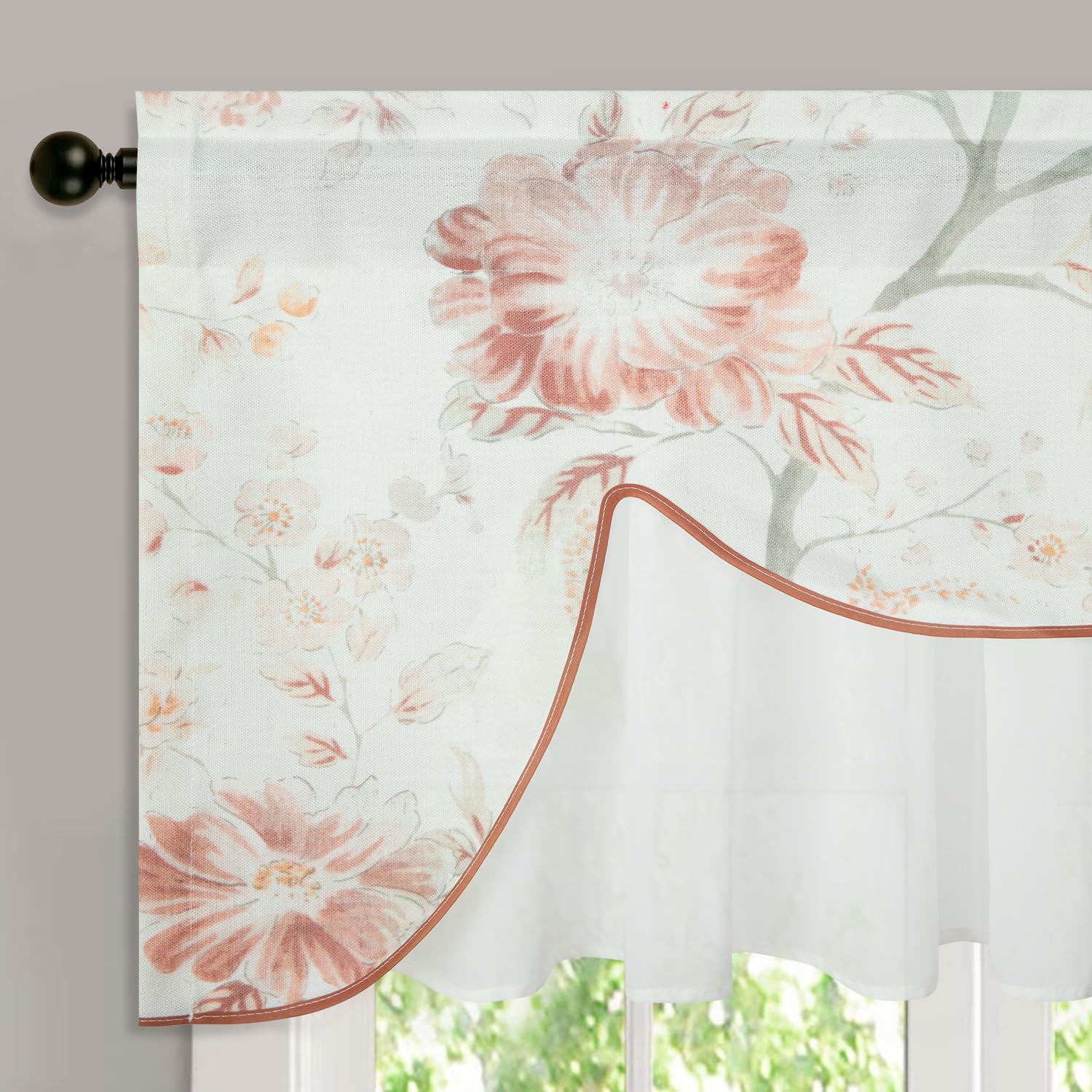 Leeva Farmhouse Scalloped Valances For Bedroom Windows, Red Flower Pattern Faux Linen Double Layered Valances With Sheer For Por