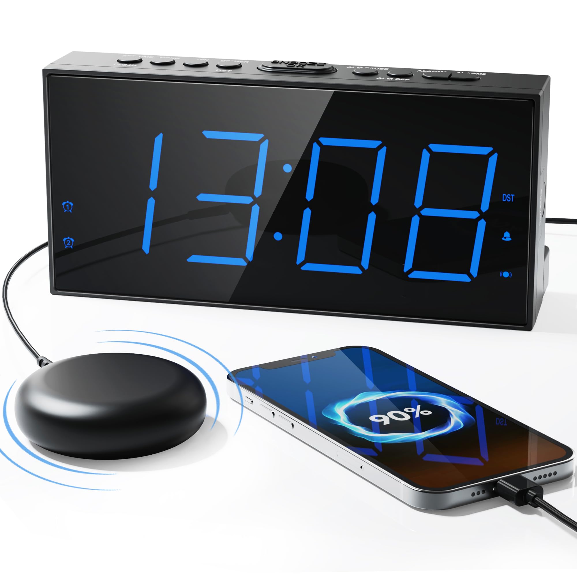 Loud Alarm Clock with Bed Shaker, Vibrating Alarm Clock for Heavy Sleepers Hearing Impaired Deaf Teens, Dual Alarm Clock with 7.
