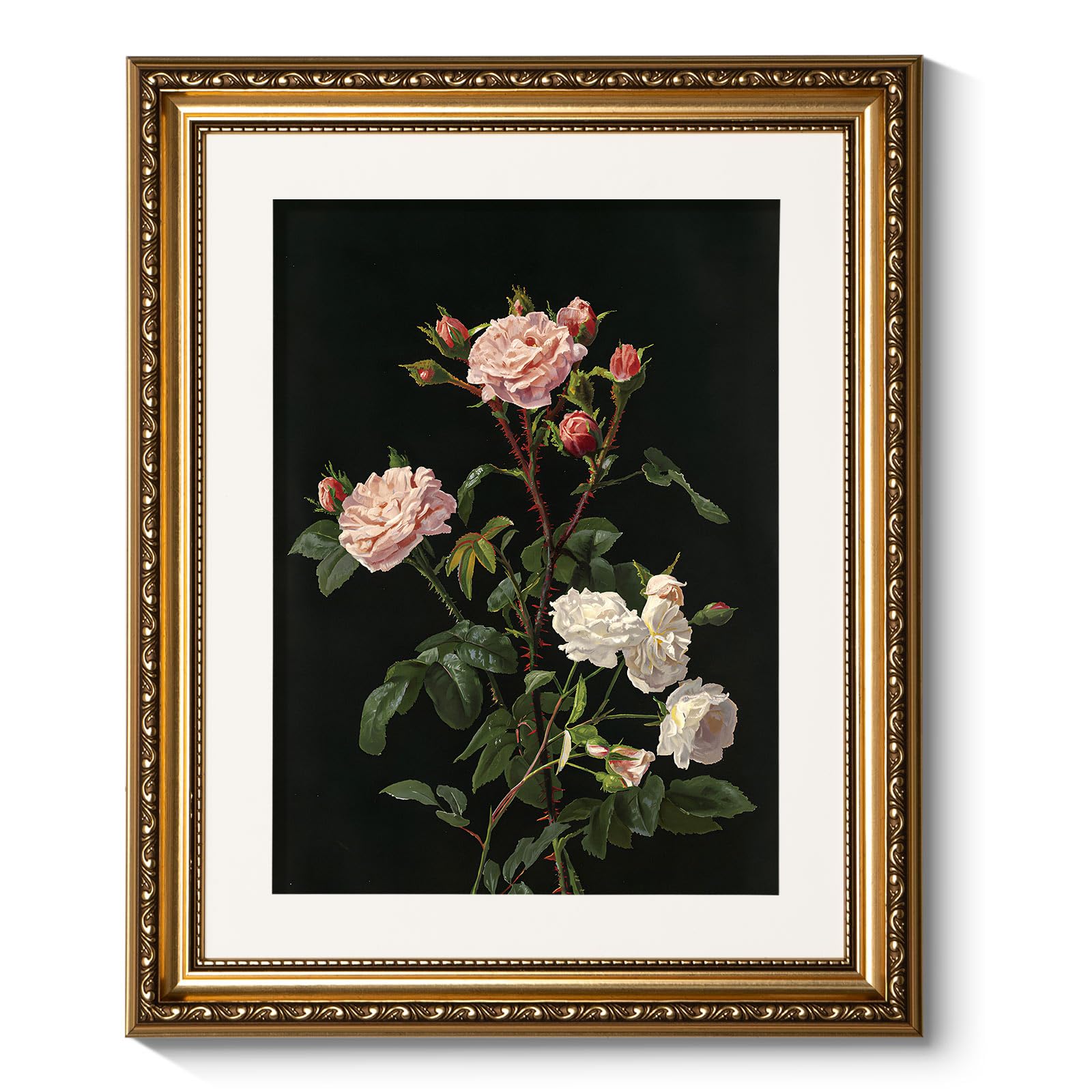 ARPEOTCY Vintage Gold Framed Wall Art, 13x16 inch Classic Floral Pink White Roses Paintings, Victorian Wall Decor for Living Roo