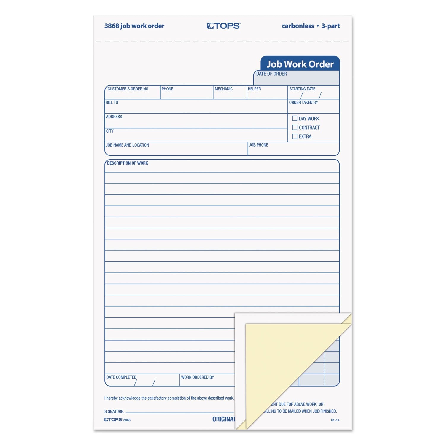 Tops 3868 Snap-Off Job Work Order Form, 5 2/3-Inch X 8 5/8-Inch , Three-Part Carbonless, 50 Forms