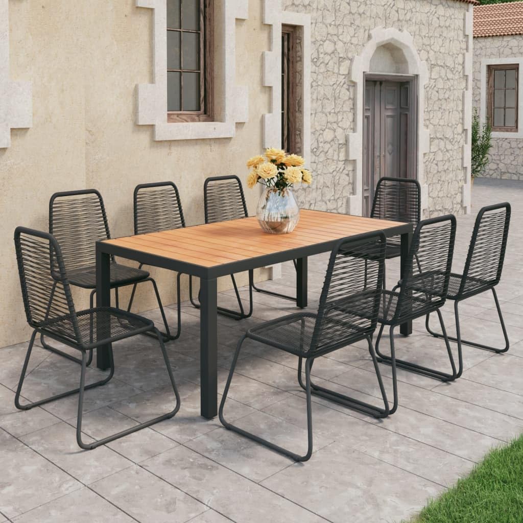 vidaXL 9-Piece Outdoor Patio Dining Set - PVC Rattan Black Chairs, Brown Aluminum Frame Table with WPC Top, Comfortable & Durable for Garden/Terrace
