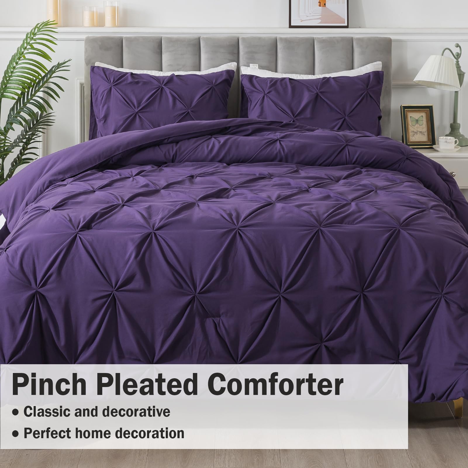 Andency Purple Comforter Set Queen Size, 3 Pieces Pintuck Bedding Comforters For Queen Bed, All Season Soft Lightweight Pinch Pleat Microfiber Bed Set
