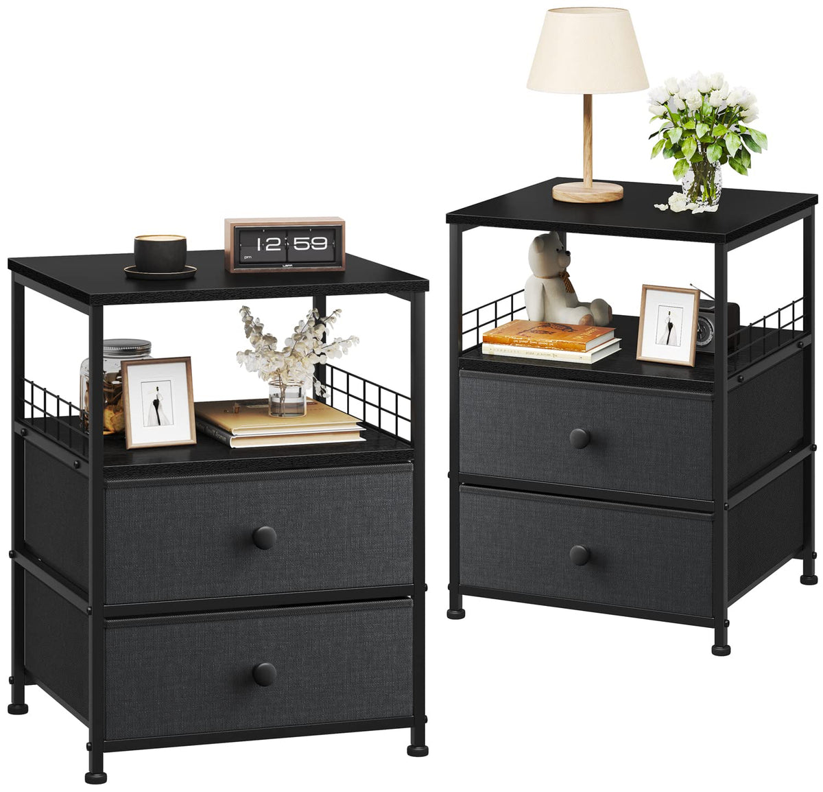 Enhomee Nightstands Set Of 2, Bedside Table With Fabric Drawers And Open Wood Shelf Storage, Bed Side Table With Metal Frame, Night Stand For Bedroom, Dorm, Easy Assembly And Pull, Black And Gray