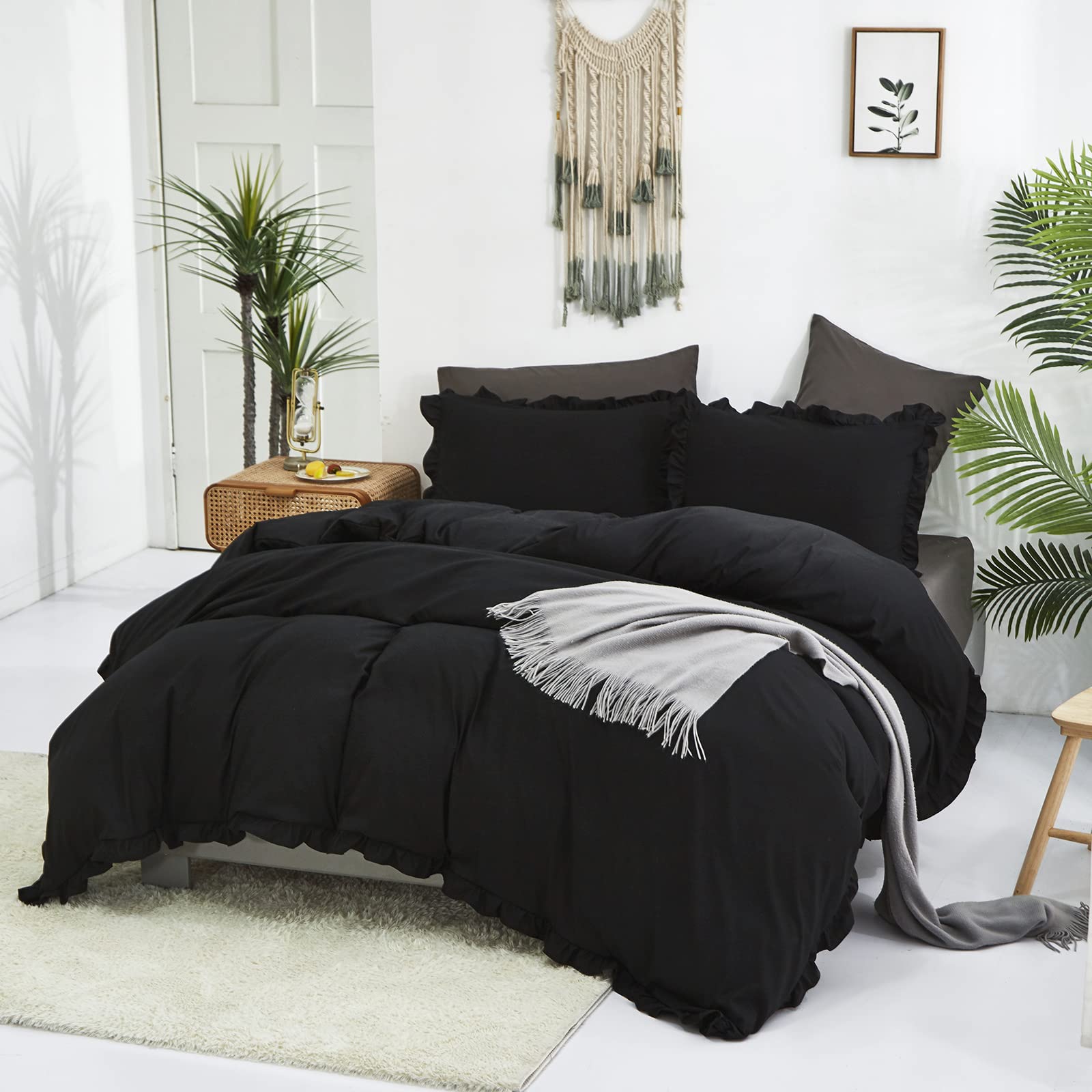 Luxlovery Black Ruffle Comforter Set Queen Farmhouse Shabby Khaki Bedding Comforter Set Full All Black Color Quilts Blankets Vin