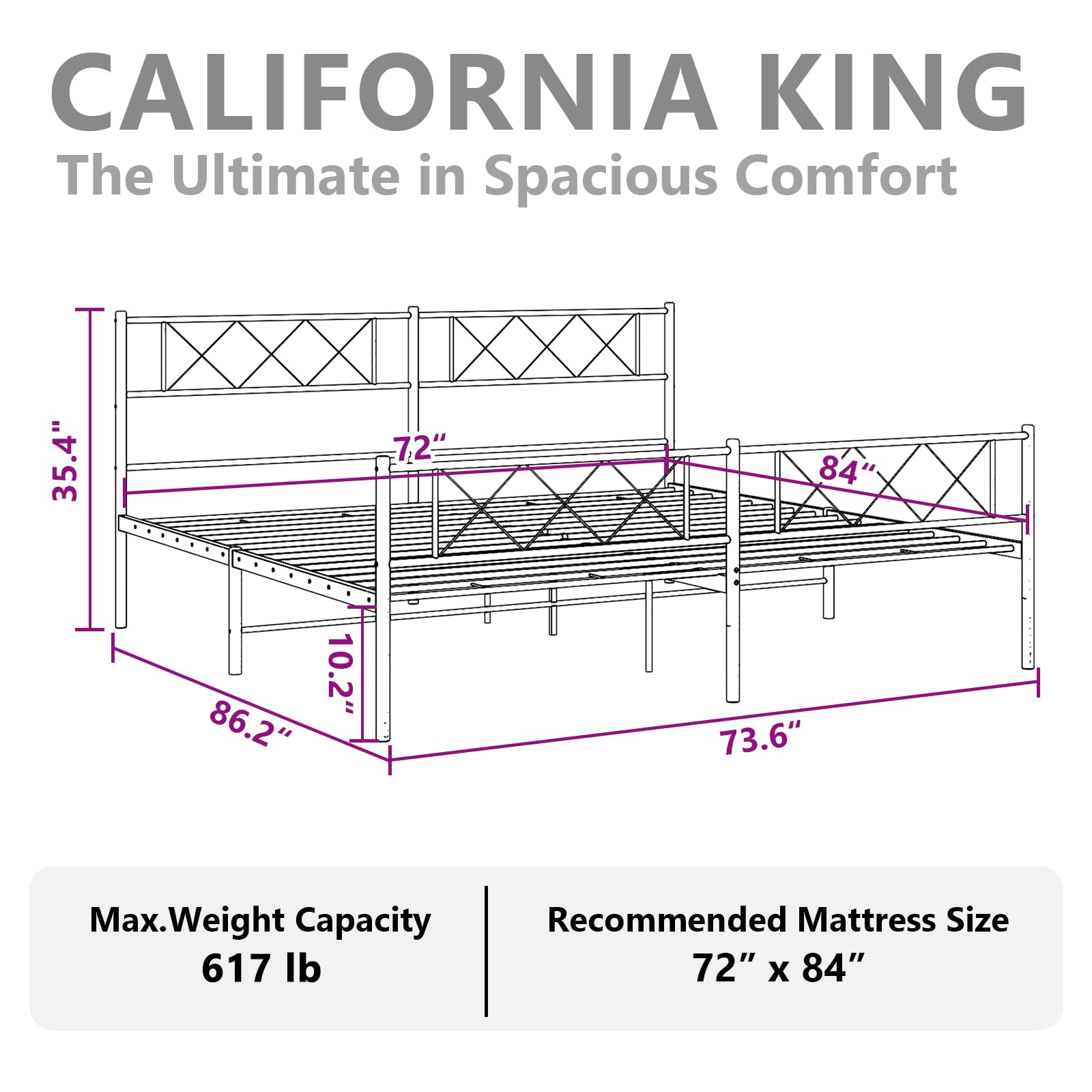 vidaXL 12'' California King Metal Bed Frames with Headboard and Footboard, Platform Bed Frame with Strong Metal Slats Support, Under Bed Storage, Noise Free, Black, Without Mattress