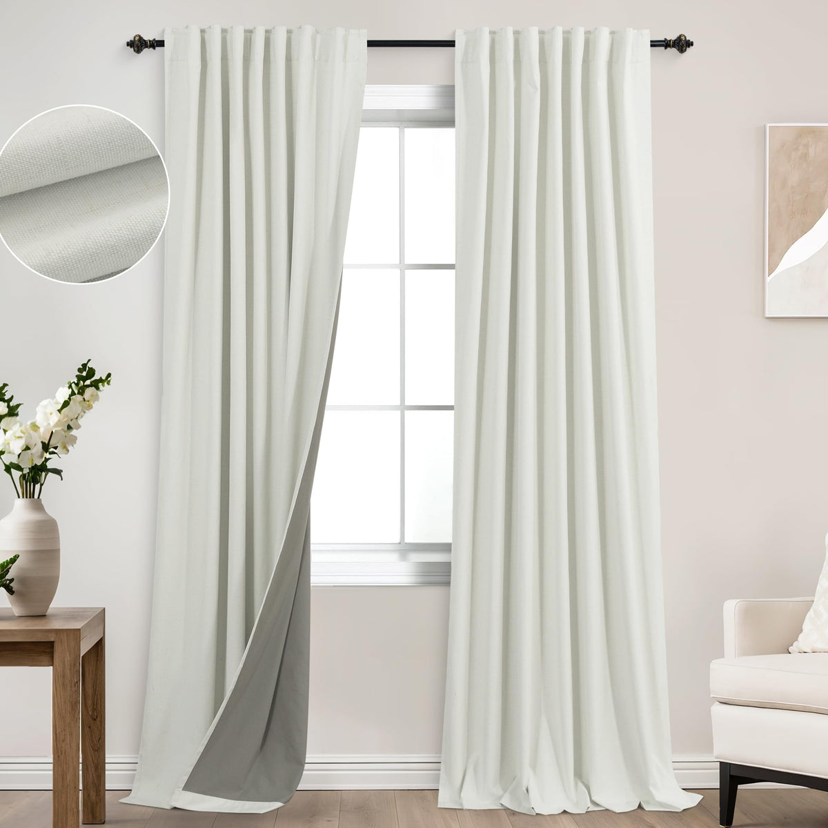 Koufall 52X102 Inches Long Ivory Back Tab Linen Blackout Curtains For Living Room