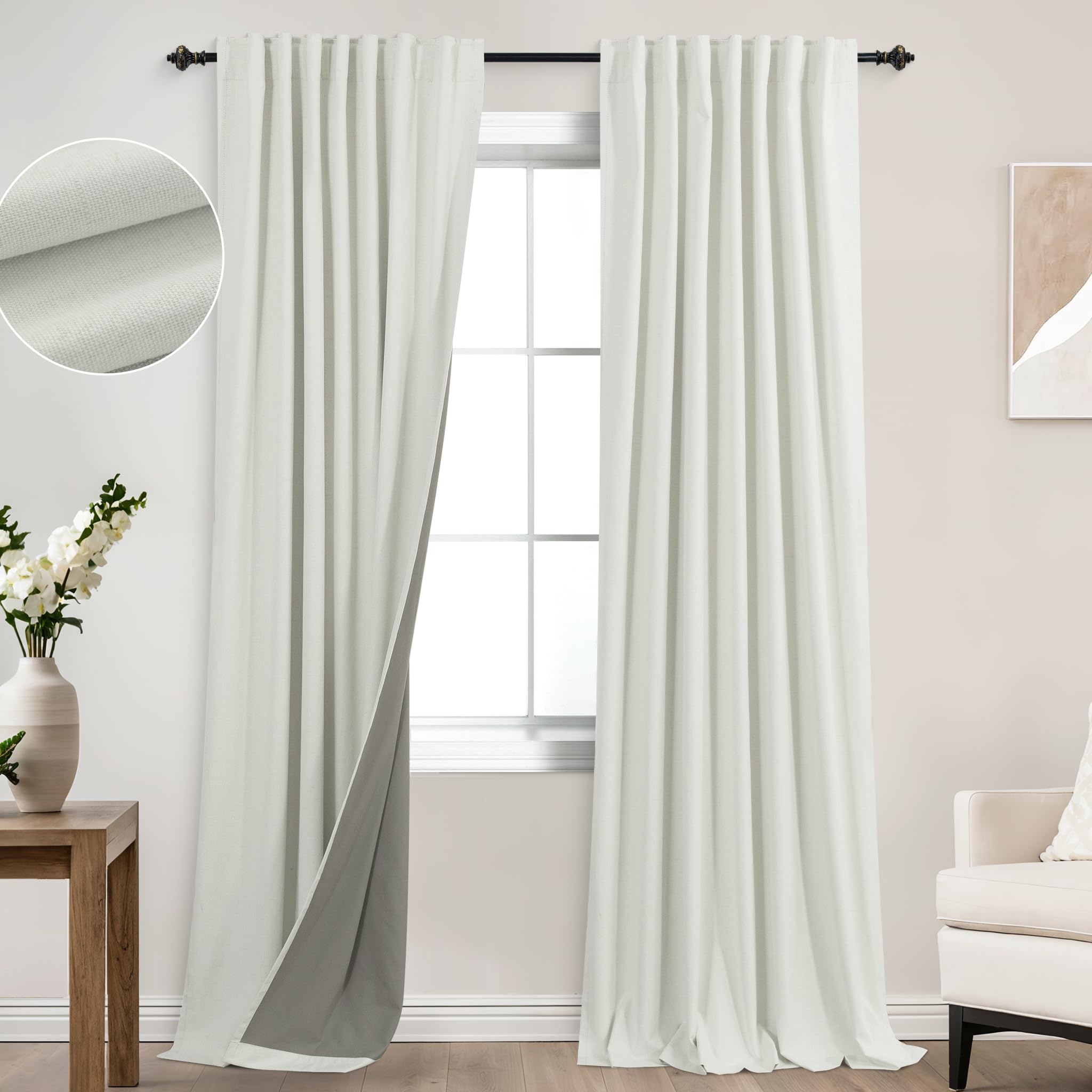 Koufall 52X100 Inch Length Ivory Back Tab Linen Blackout Curtains For Living Room,2 Panels Set