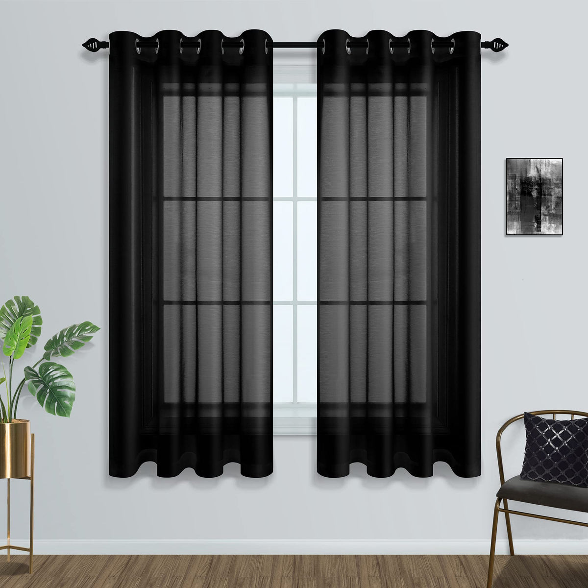 Mrs.Naturall Black Sheer Curtains 63 Inch Length For Bedroom 2 Panels Set Solid Voile Transparent Halloween Gothic Decor Grommet