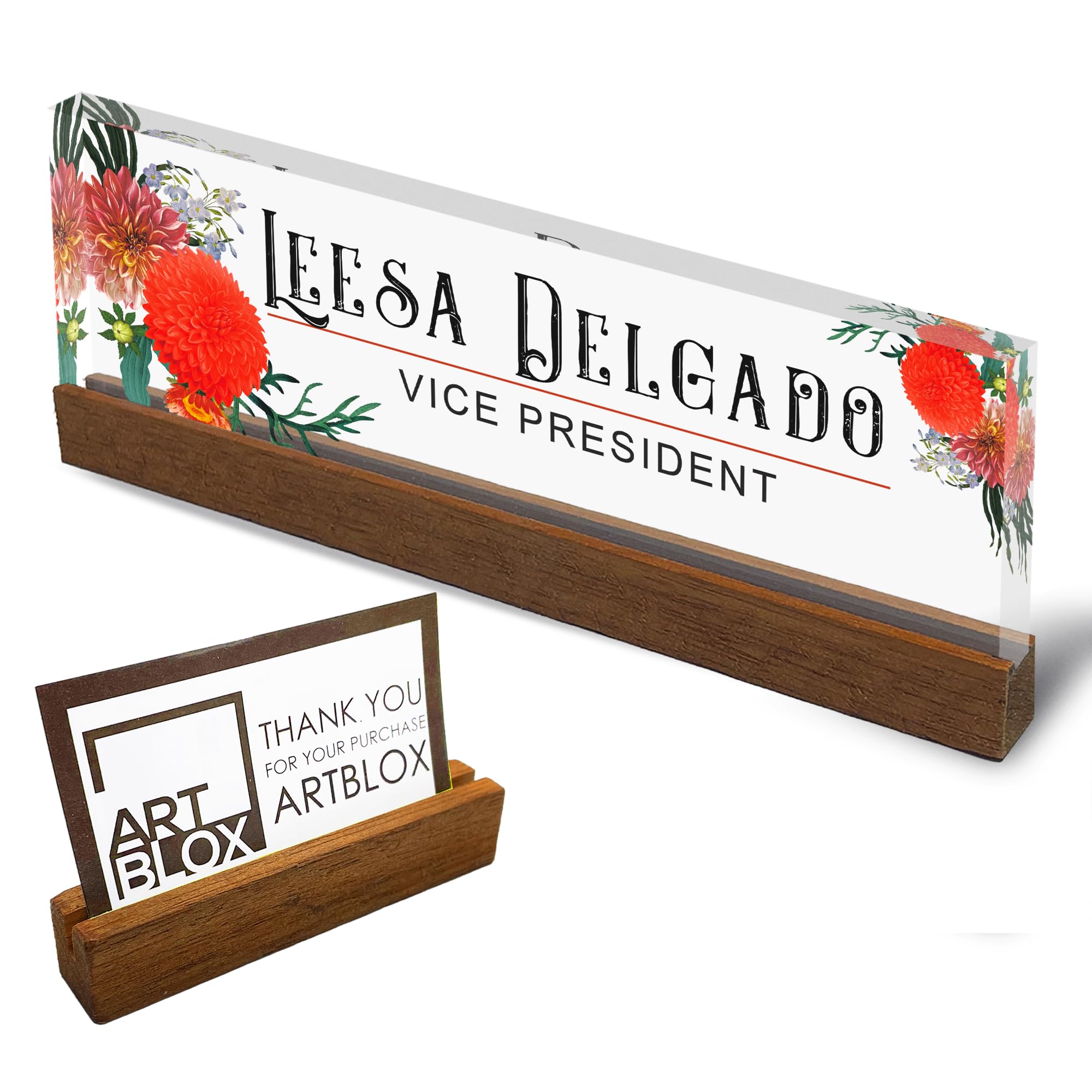 Artblox Office Personalized Name Plate For Desk With Business Card Holder On Clear Acrylic Glass Autumn Flowers Design Custom De