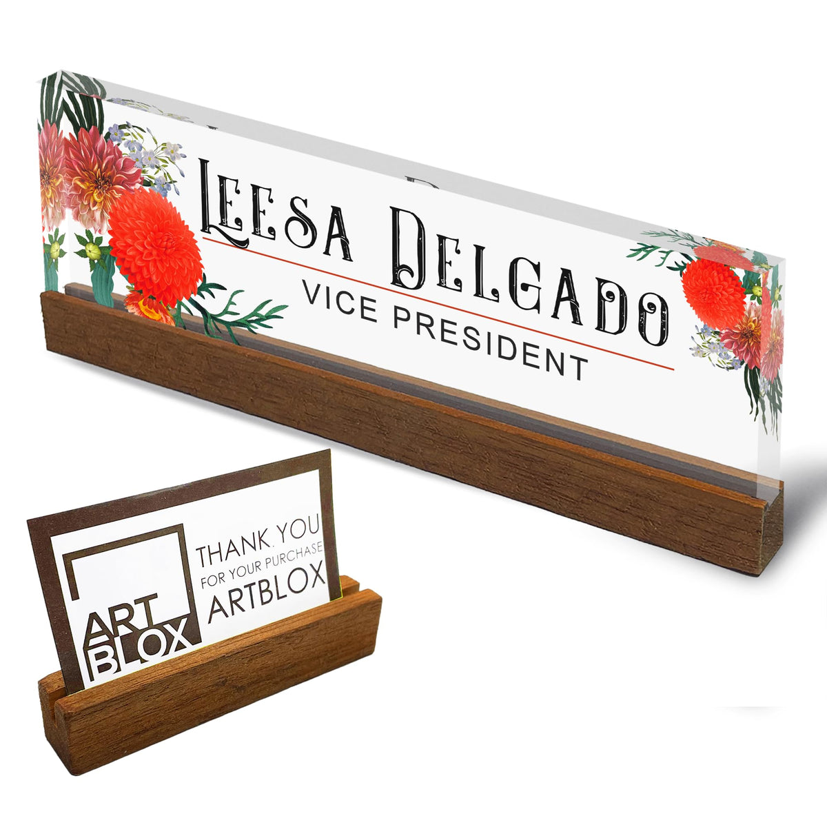 Artblox Office Personalized Name Plate For Desk With Business Card Holder On Clear Acrylic Glass Autumn Flowers Design Custom De