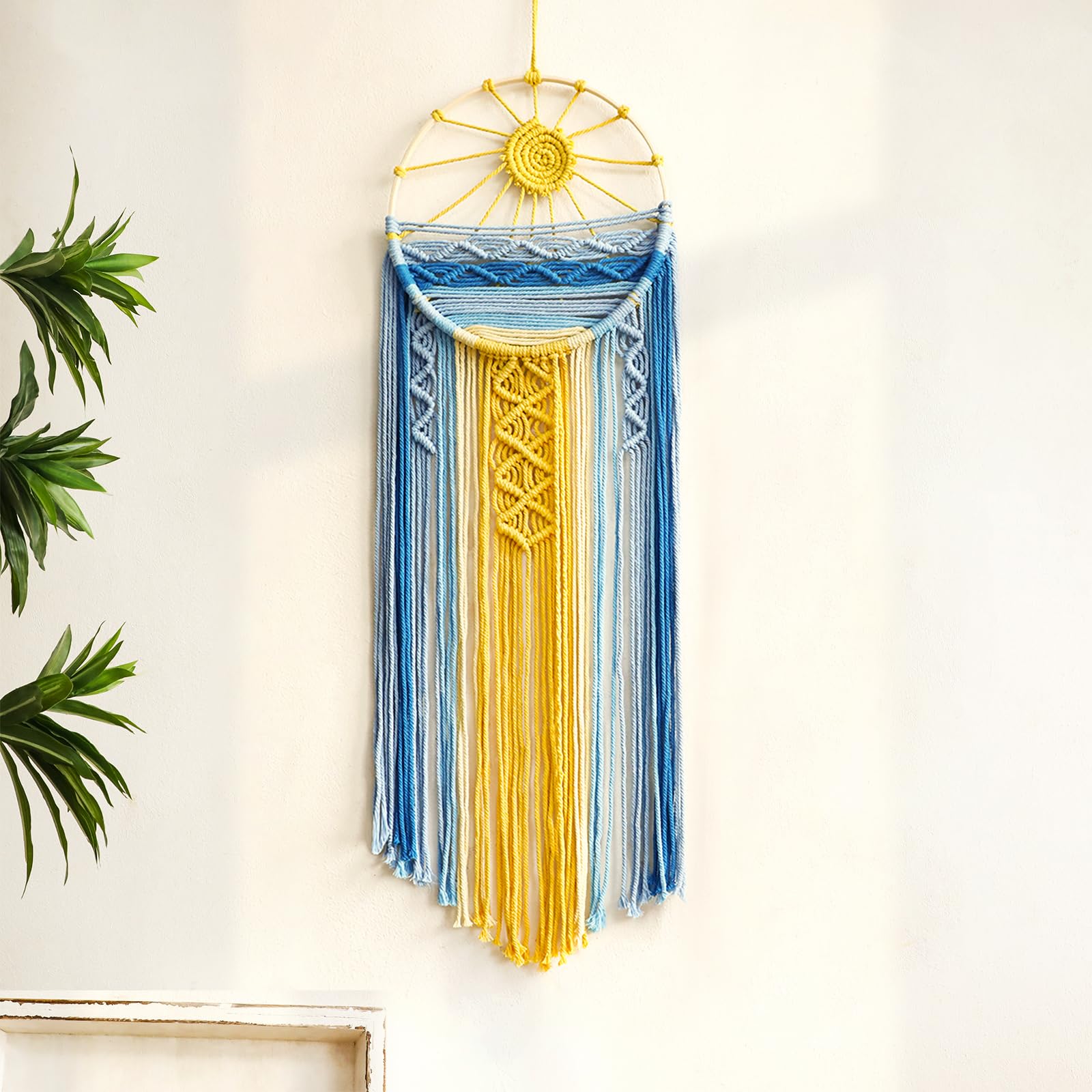 Mcrame Blue Sun Wall Decor Boho Hanging Tapestry Sunburst Wall Art, Rustic Woven Tapestries Big Dream Catcher Sunshine Decor For