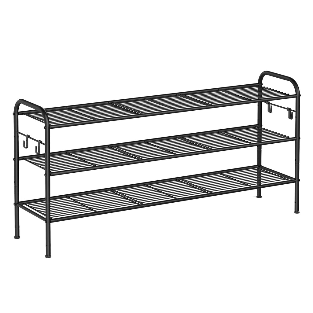 Songmics Shoe Rack, 3-Tier Shoe Organizer, Metal Shoe Shelf Storage With 4 Side Hooks, Holds 18 Pairs Of Shoes, Height-Adjustable Shoe Rack For Entryway, Hallway, Closet, Easy Assembly, Ink Black