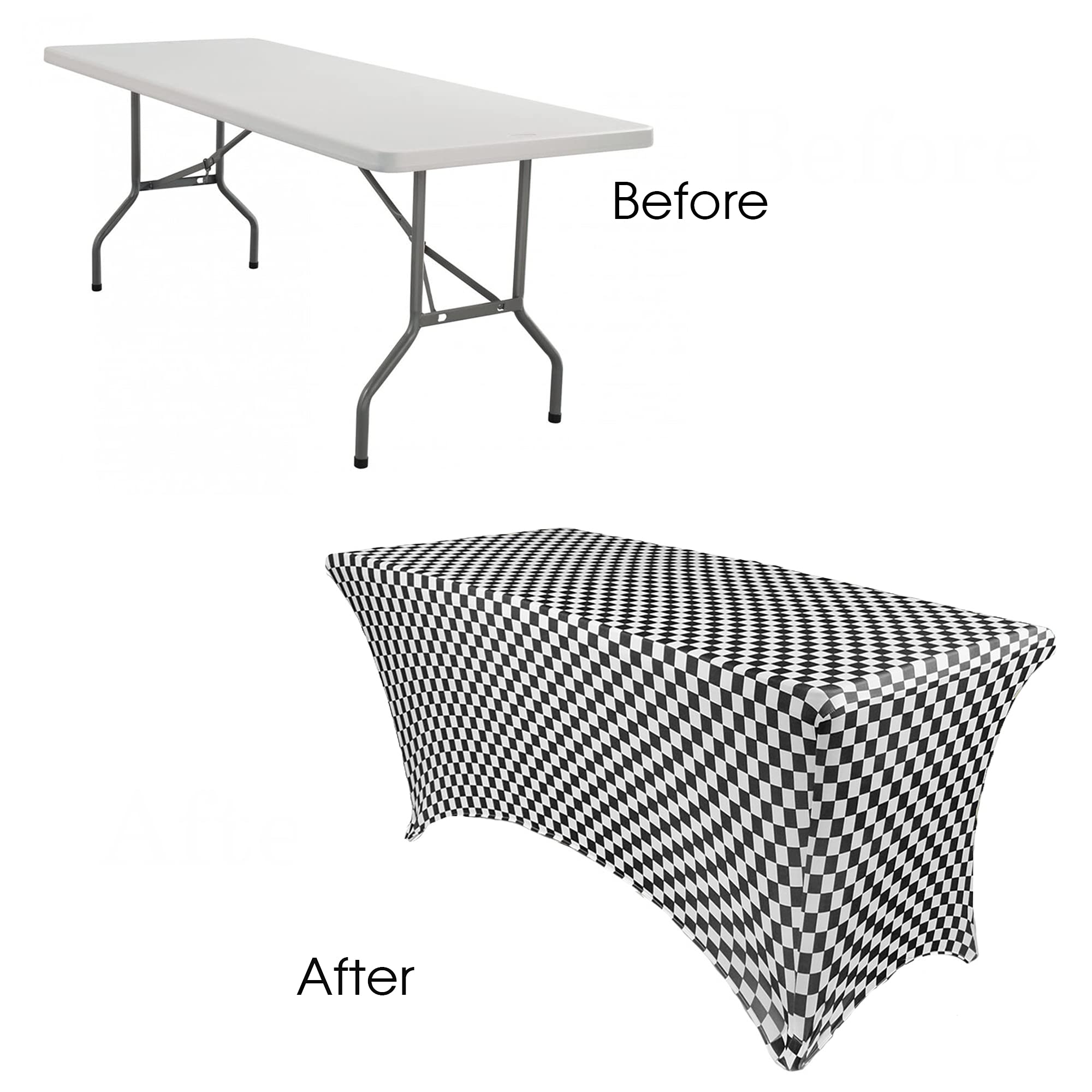 Your Chair Covers - 8 Ft Rectangular Fitted Spandex Tablecloths, Stretch Elastic Table Cover For Long Patio, Party, Birthday, Vendor Table - Black And White Checkered