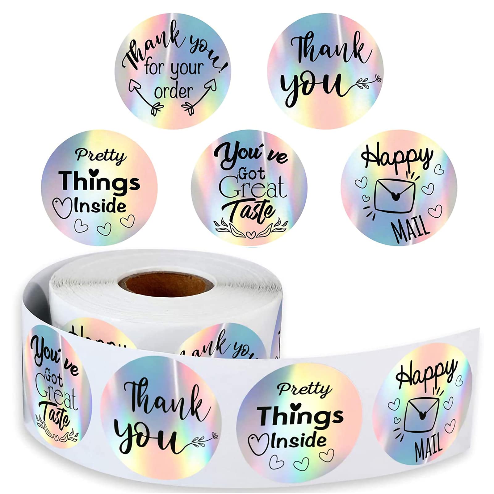 Flosius 500 Pcs Thank You Stickers 5 Different Design Rainbow Holo Stickers Holographic Silver Roll Business Thank You Label For