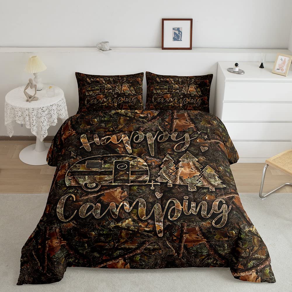Manfei Camo Camping Kids Comforter Set Queen Size,Camper Travel Bedding Set,Rustic Dead Branch Down Comforter,Brown Farmhouse Du
