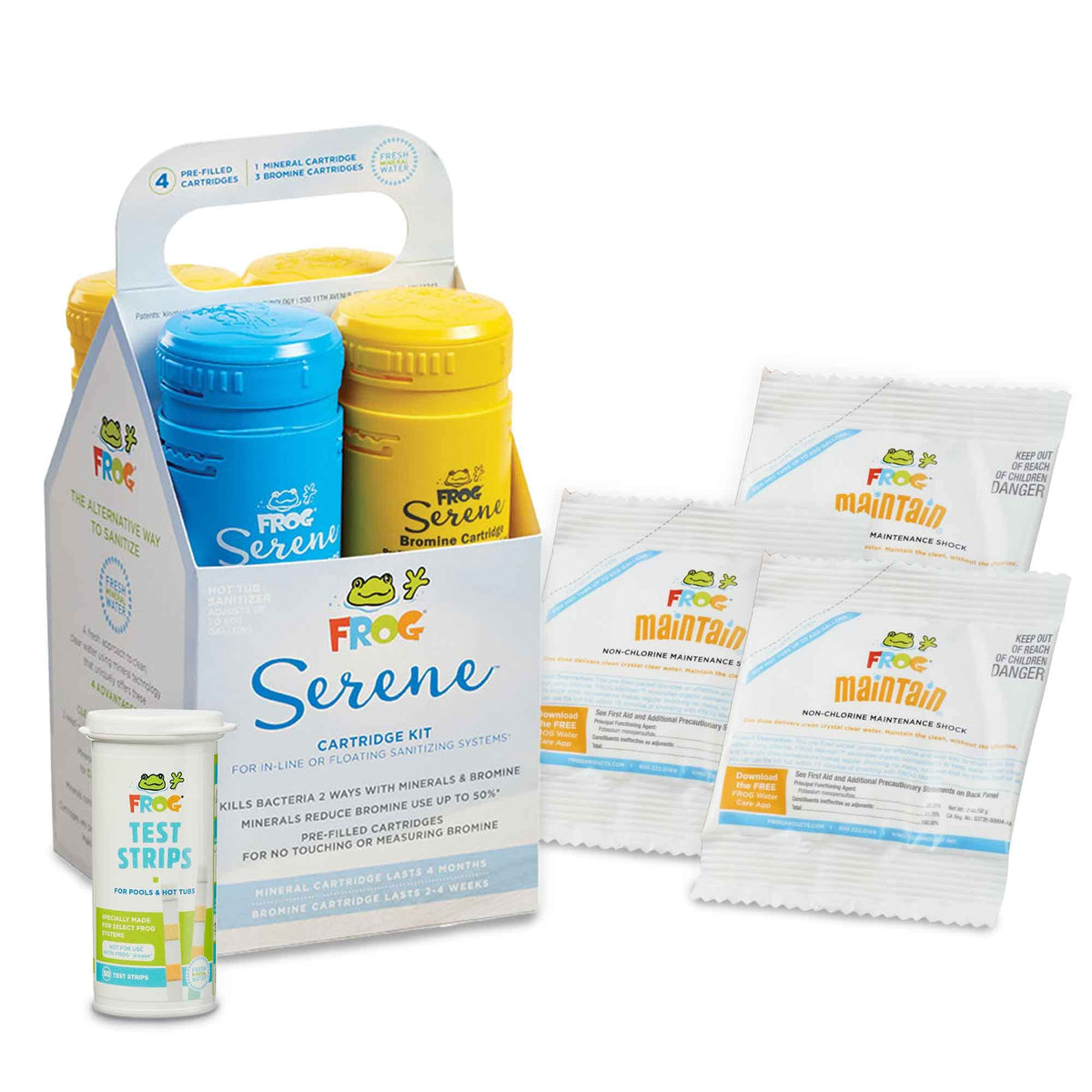 Frog Serene Replacement Mineral Cartridge With 3 Replacement Bromine Cartridges & 3 Pack Of Frog Maintain & 50 Test Strips - Pre