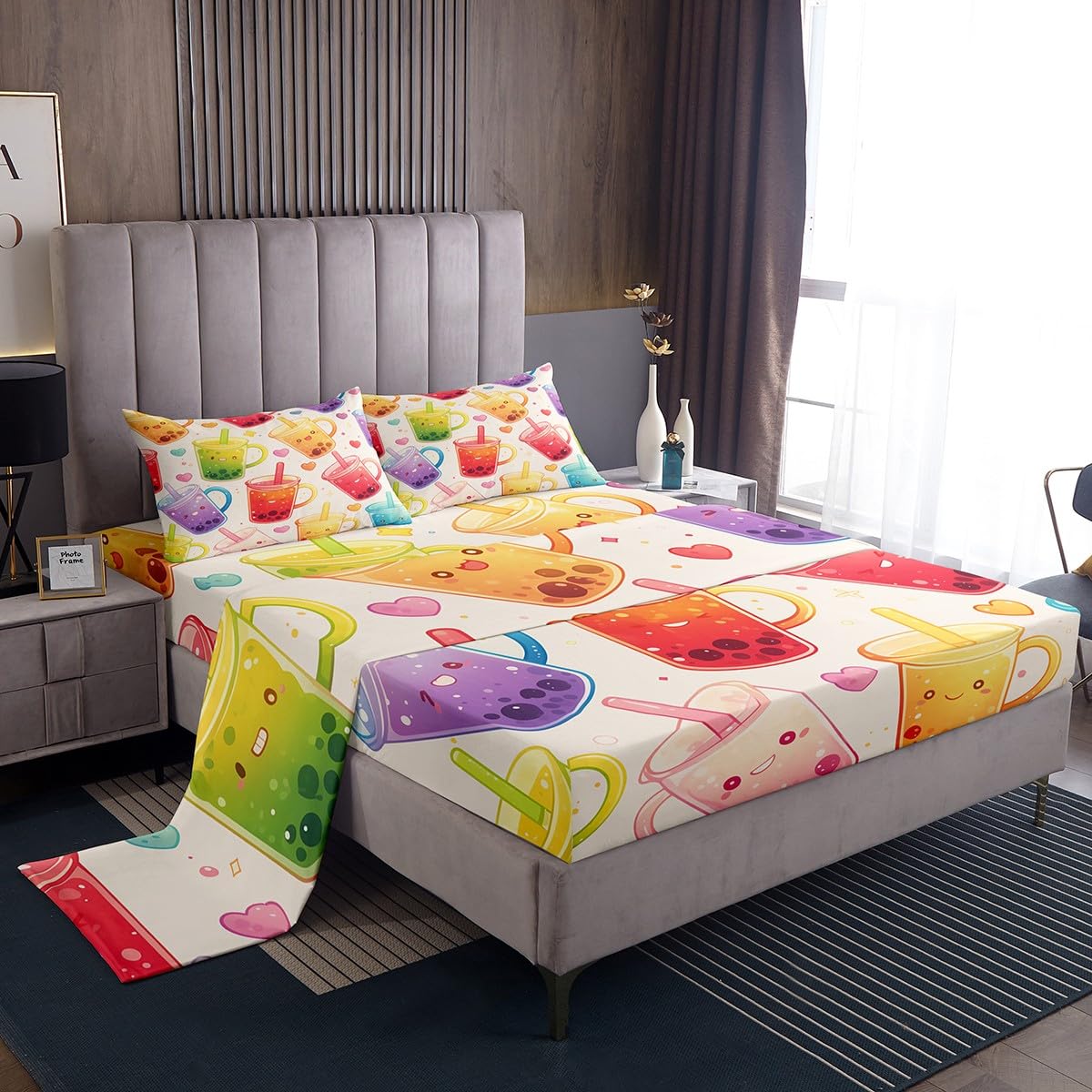 Feelyou Boba Tea Bed Sheets Set Full Size Bubble Tea Deep Pocket Fitted Sheet Drinking Bedding Sets Colorful Soft Bed Set 4Pcs w