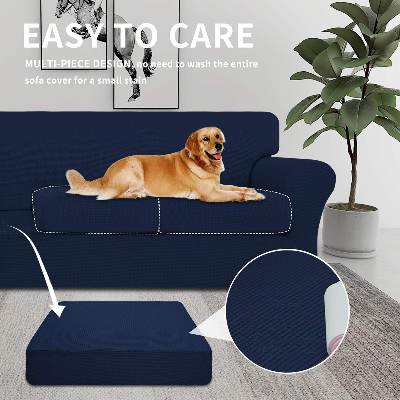 Easy-Going 3 Pieces Stretch Couch Cover Sofa Cover For Dogs Washable Sofa Slipcover For 2 Separate Cushion Couch Spandex Jacquard Fabric Elastic Furniture Protector For Pets, Kids (Navy, Loveseat)