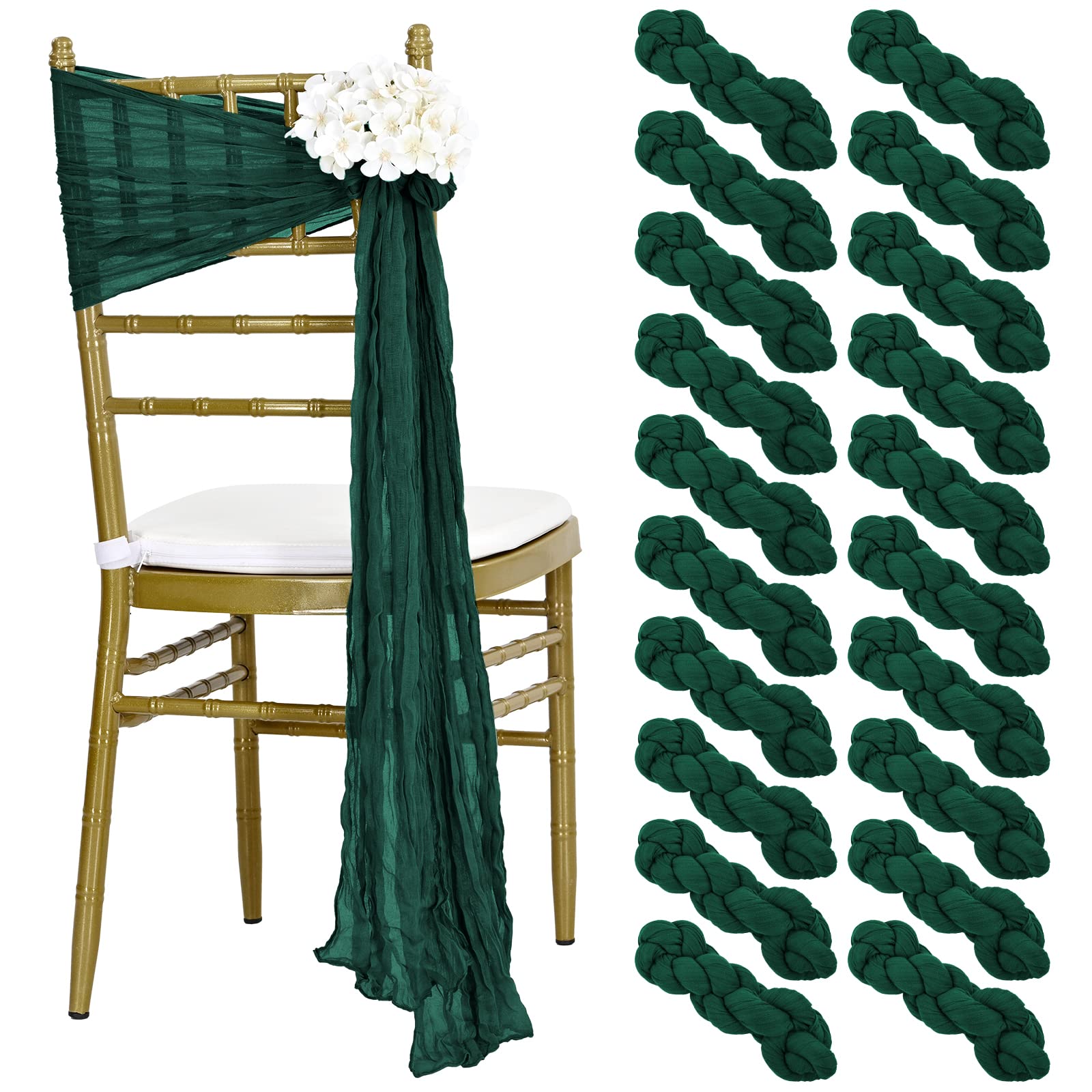 Teruntrue Aisle Decorations 20 Packs Emerald Green Cheesecloth Chair Sashes, Chair Bow Designed Decorative Chair Cover Chair Sas