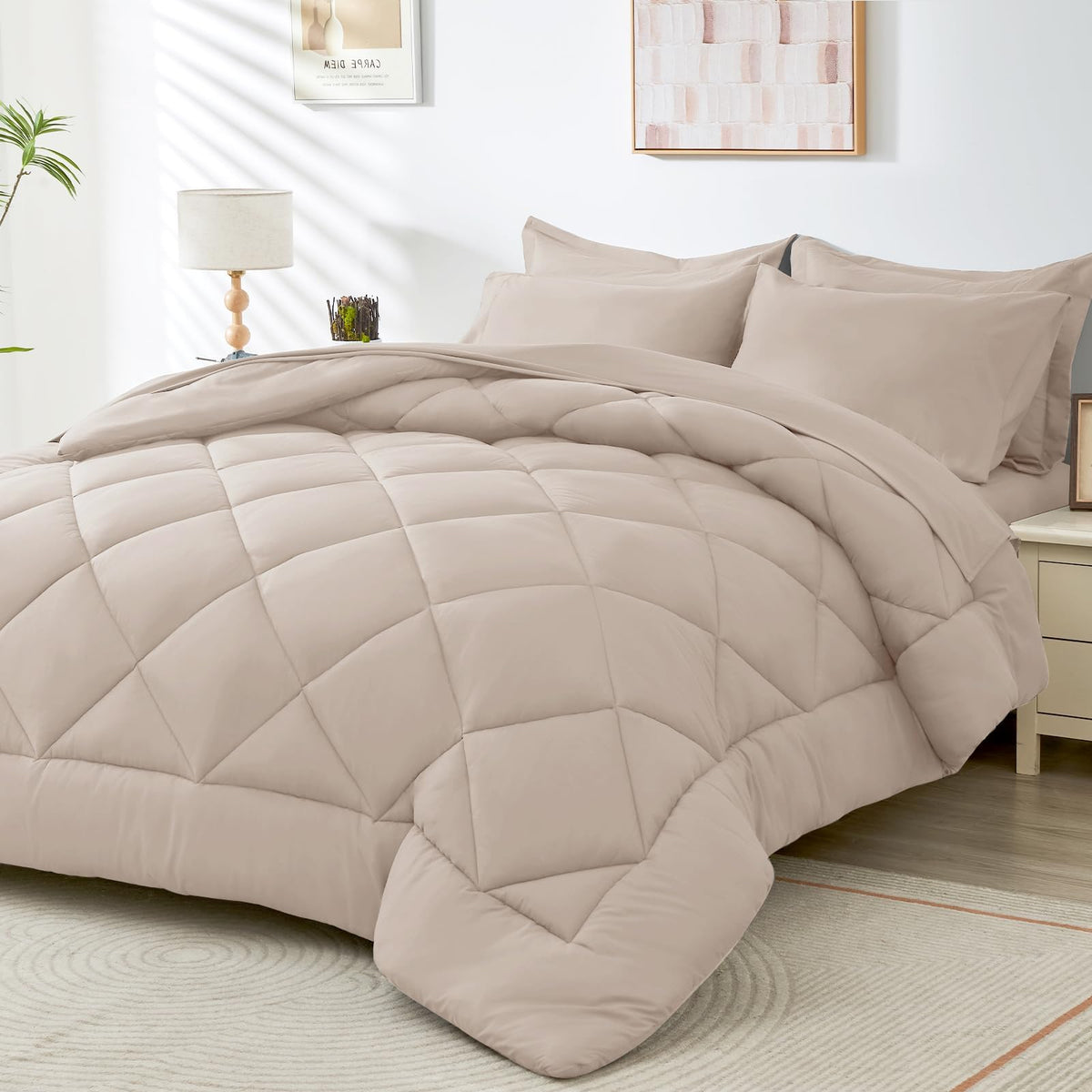 Hevumyi 7 Pieces King Comforter Set, All Season Reversible Bed In A Bag King, Ultra Soft King Bedding Set With Grey Comforter, F